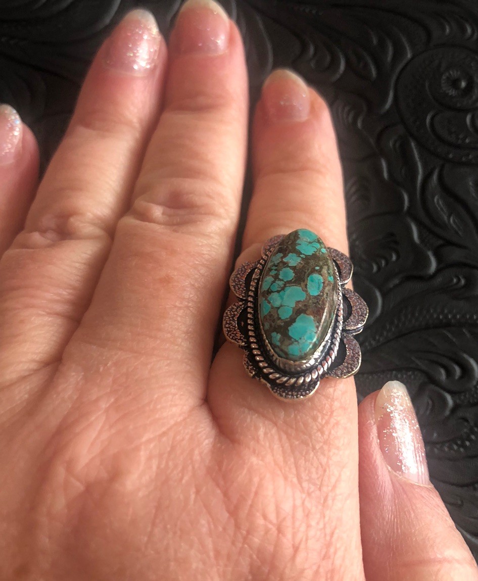 Blue Turquoise Ring Size 8.5 Flower Motif Web Matrix Artisan Southwest