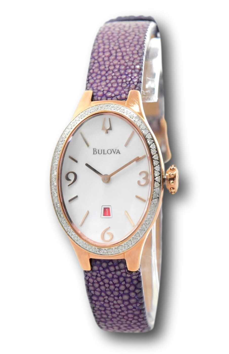 Bulova Women’s 25mm Rose Gold Diamond Bezel Purple Stingray Leather Watch 98R198