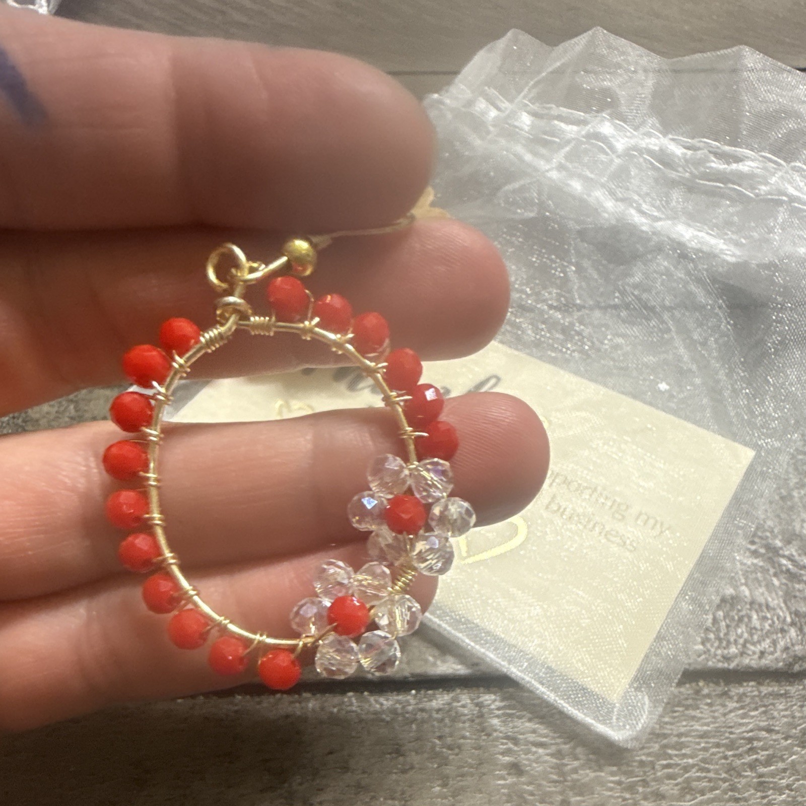 Handcrafted Gold Tone Round Hoop Dangle Earrings w/ Red & Clear Glass Beads