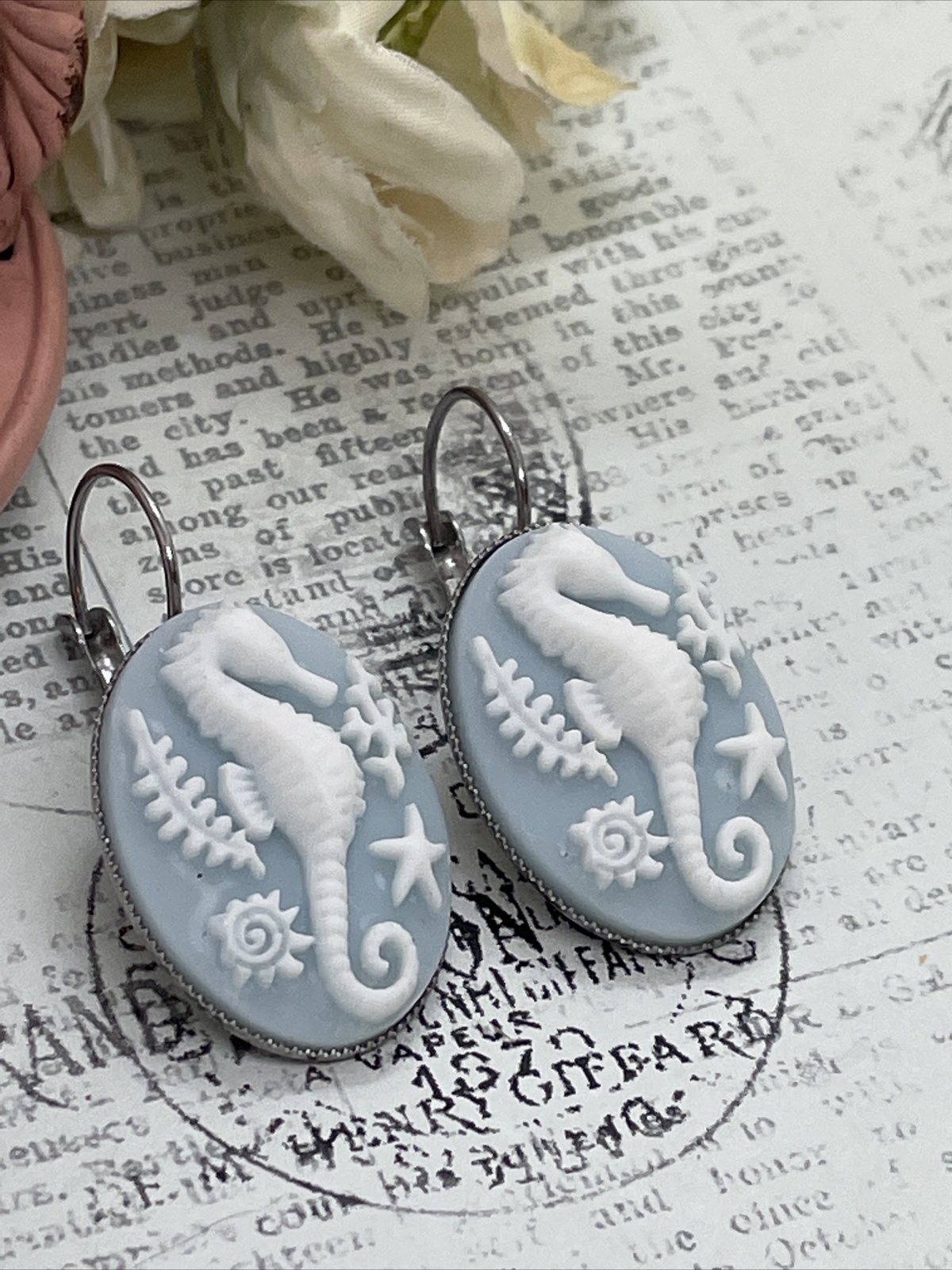 Seahorse Blue Silver Wedding Gift Anniversary Earrings Cameo Birthday Sea Life