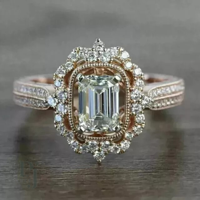 2.70 CT Emerald Cut VVS1 Moissanite Vintage Engagement Ring Solid 14K Rose Gold