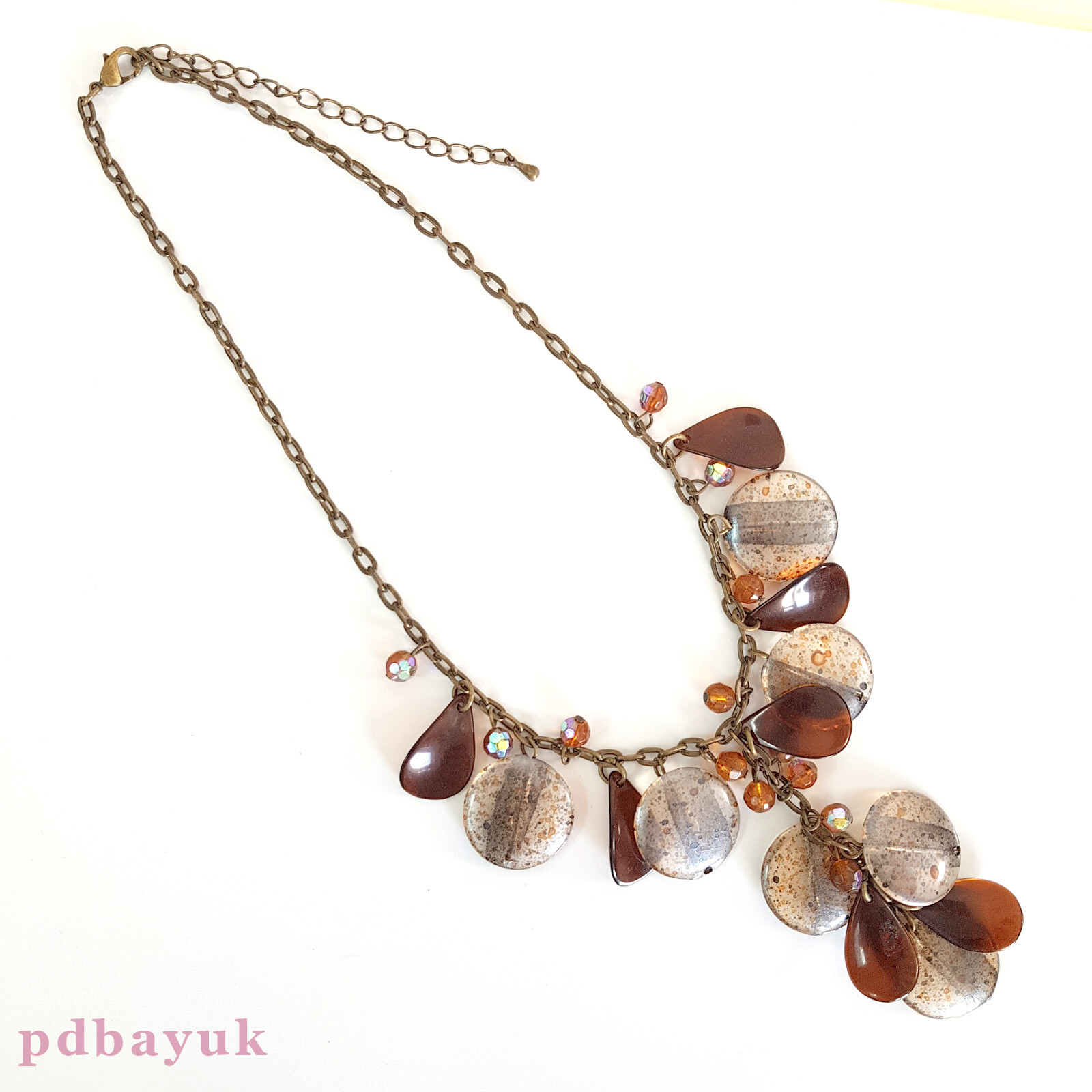 Retro Vintage Style Brown Clear Bead Cluster Boho Necklace 35.5cm 14″ UK ~1725
