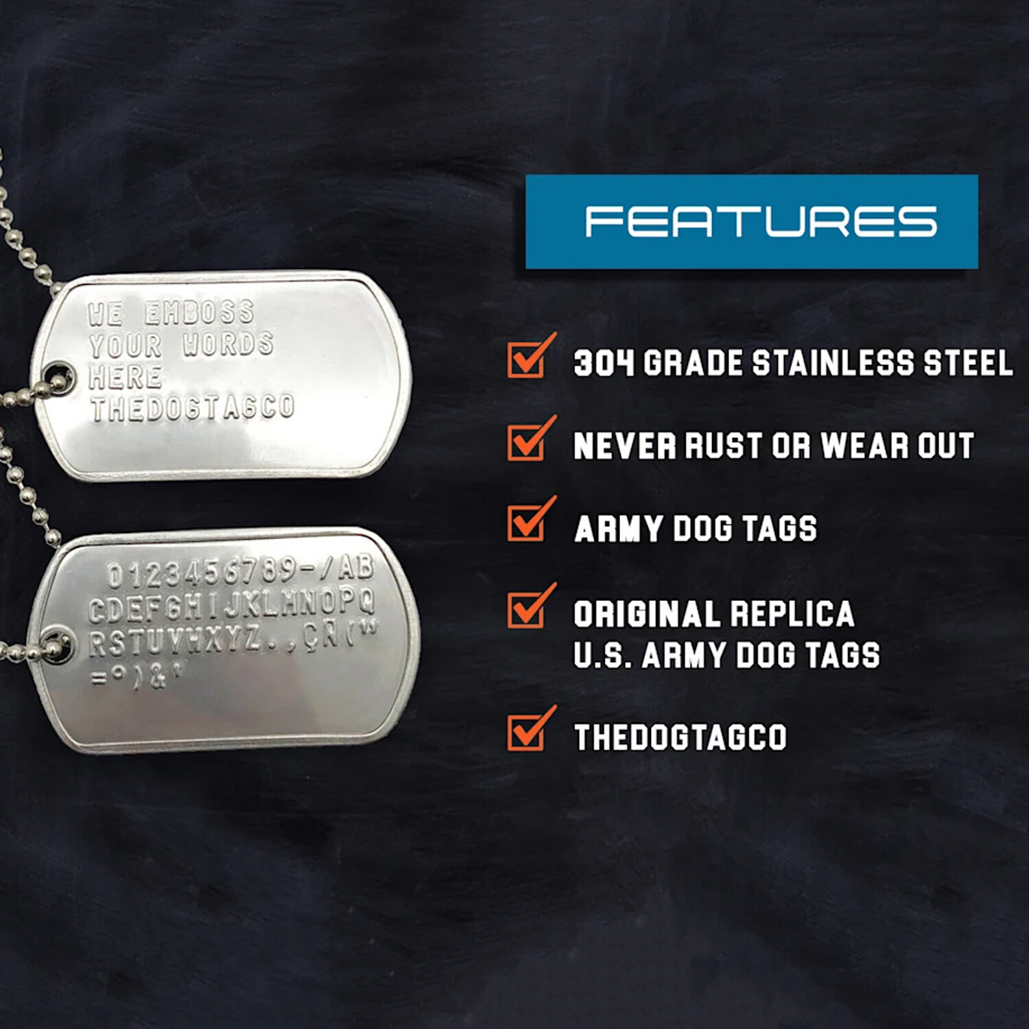 PAIR SET U.S. PERSONALISED STAINLESS STEEL ARMY MILITARY DOG TAGS -THEDOGTAGCO