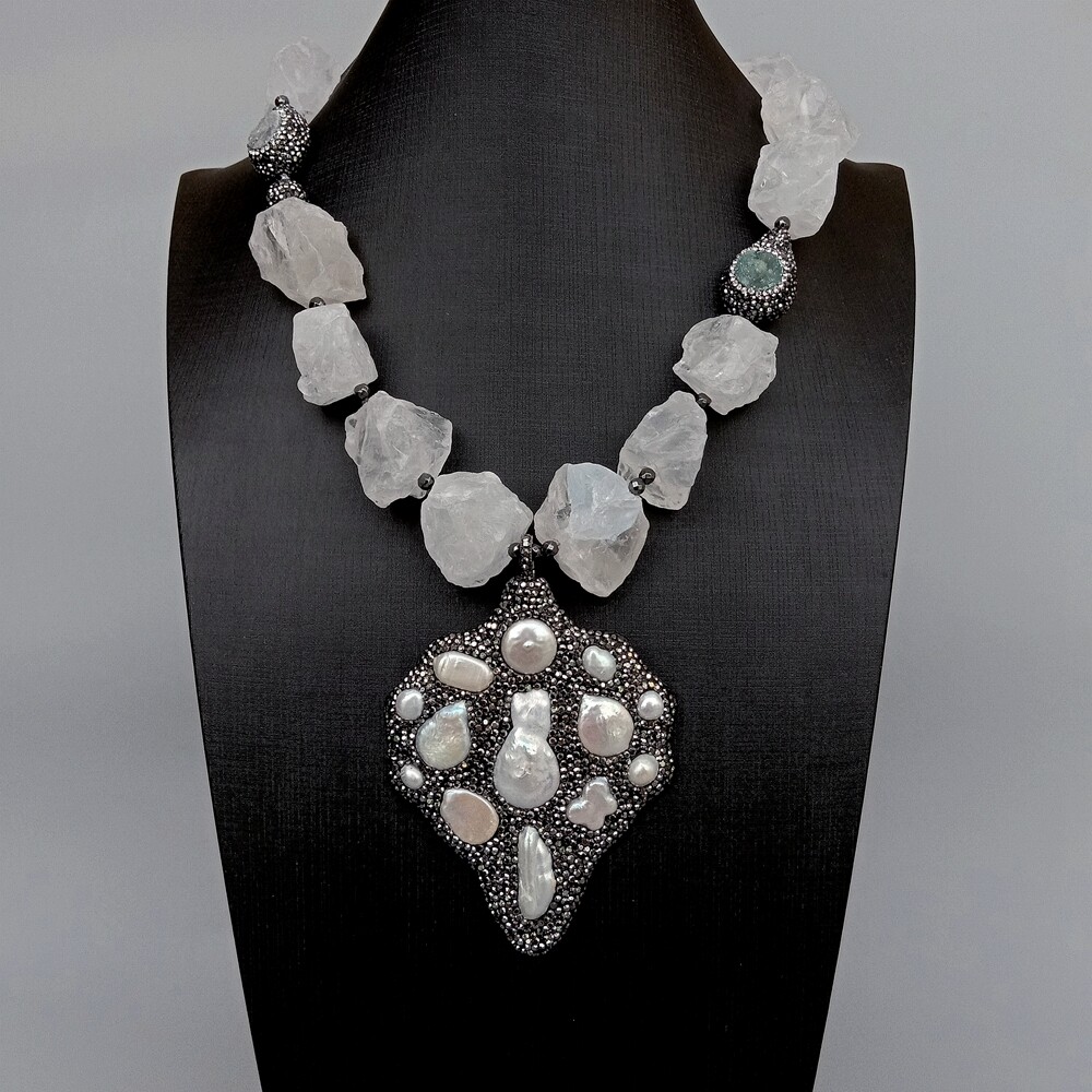 White Quartz Rough Necklace big pendant white pearl black crystal pave Pendant