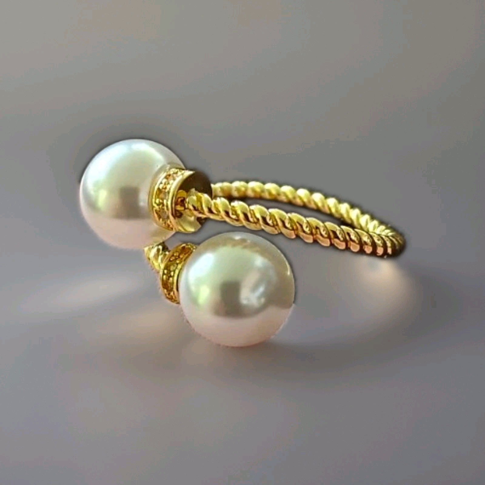 Gold Tone Wrap Open Ring with 2 White Round Imitation Pearls, Adjustable