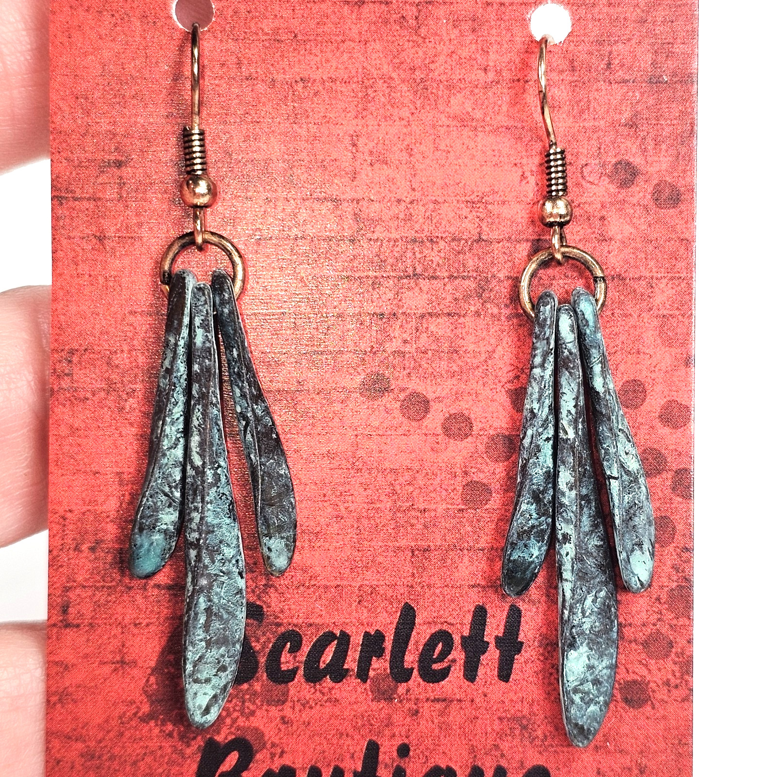 Scarlett Boutique BOHEMIAN Dangle Earrings – Green Metal and Copper 2 1/8 in.