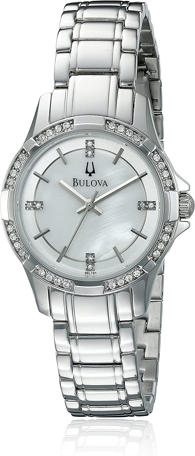 Bulova 96L191 Silver Tone White MOP Dial Swarovski Crystals Womens Dress Watch