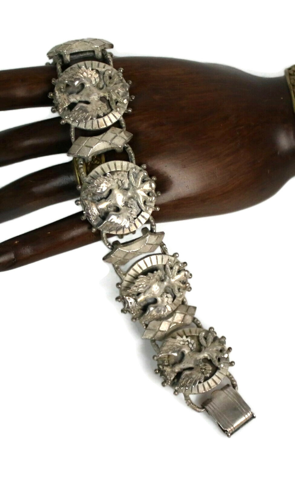 Vintage Lisner Heraldic Crown Eagle Silver Tone Panel Bracelet