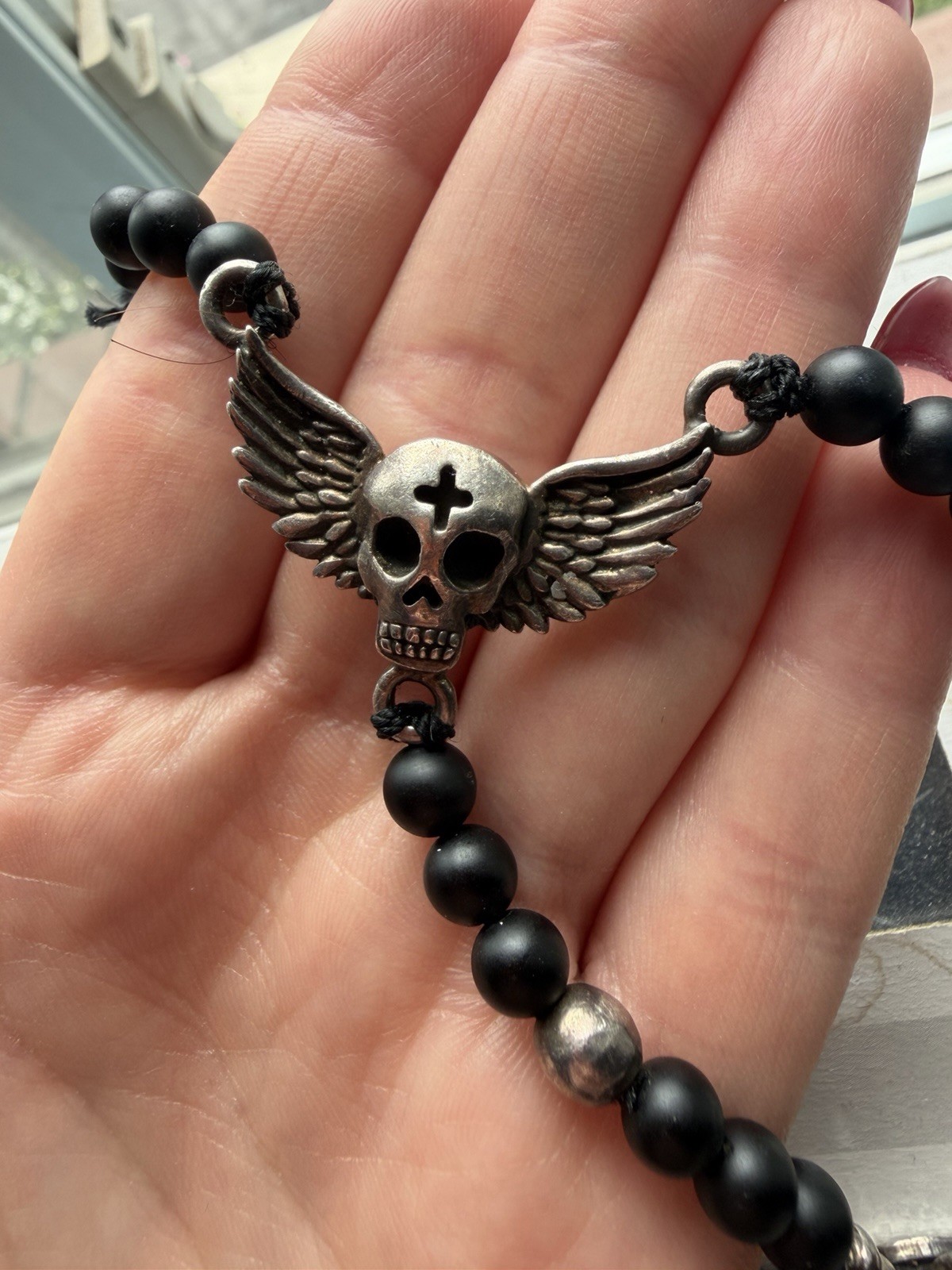King Baby USA 925 Sterling Silver Skull Wing & Dagger Beaded Necklace