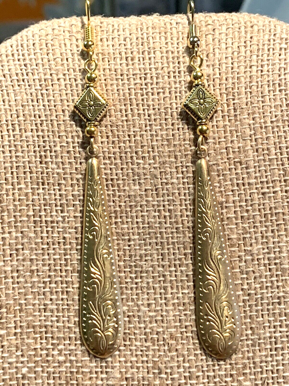 NEW LISTING* HAND-CRAFTED VTG. LARGE ENGRAVED GOLDEN BRASS TAPER DROP EARRINGS