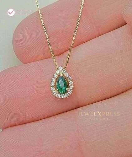 1.20CT Pear Cut Natural Emerald & Diamond Halo Pendant For Wife 14k Yellow Gold