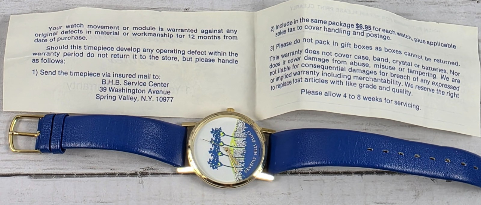 Beverly Hills Blues Vintage Numberless Watch, Decorative Face w/Leather Band VTG