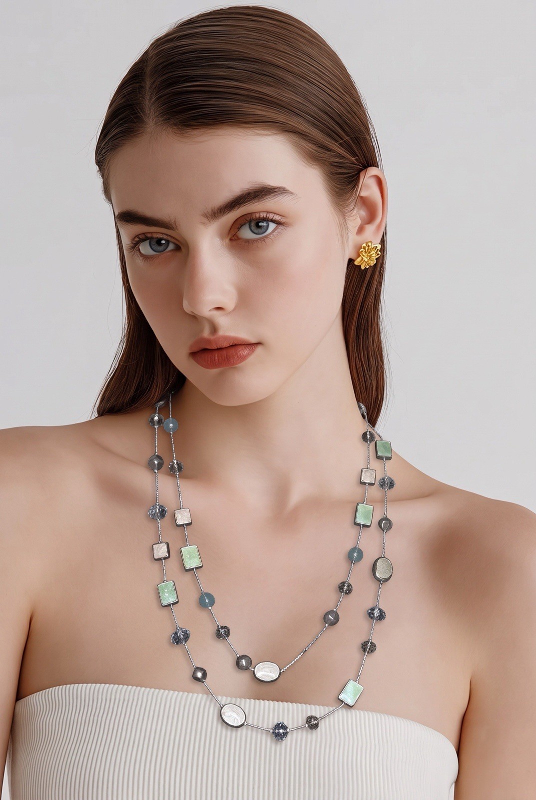 Silver Tone Layered Station Beaded Necklace, Blue Crystal Green Glass Cable