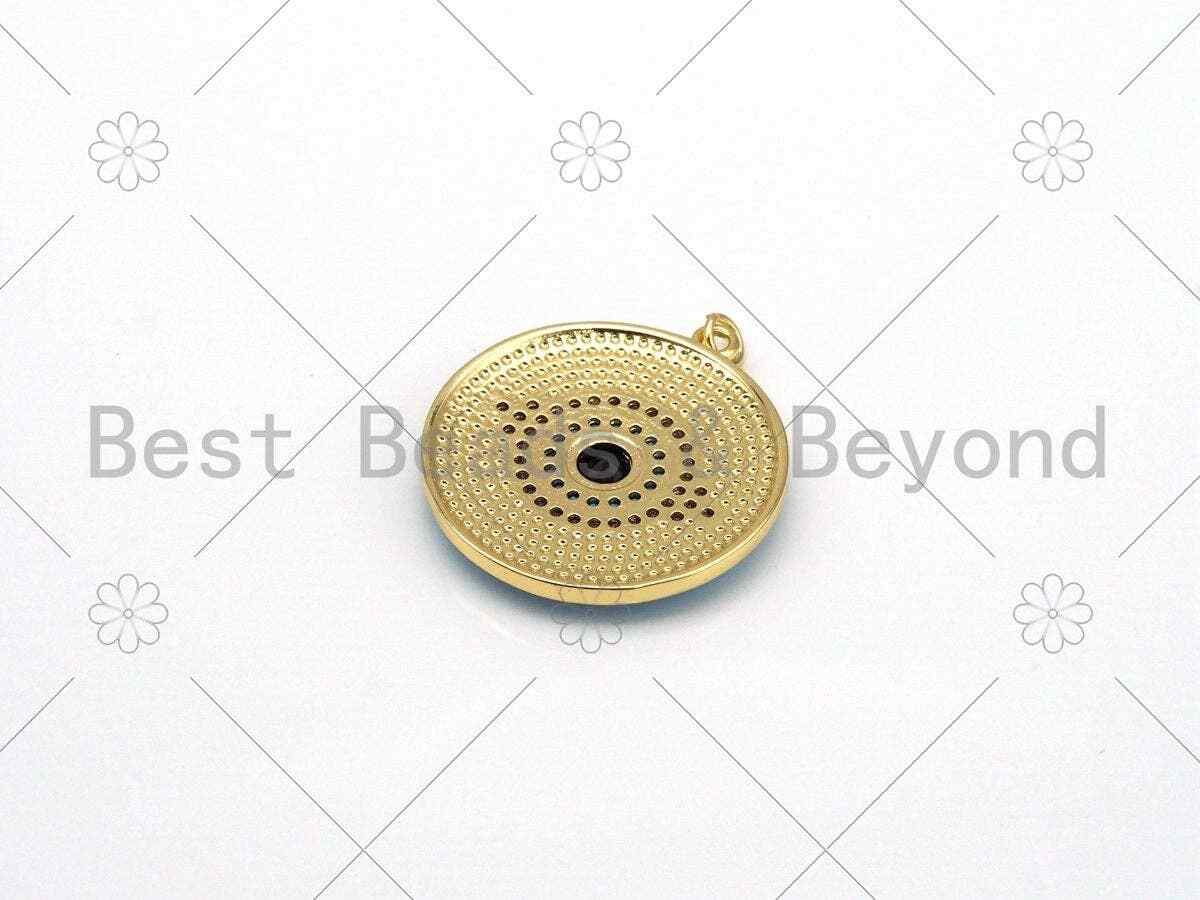 Large CZ Micropave Evil Eye On Colorful Enamel Round Coin Shape Pendant, 18k