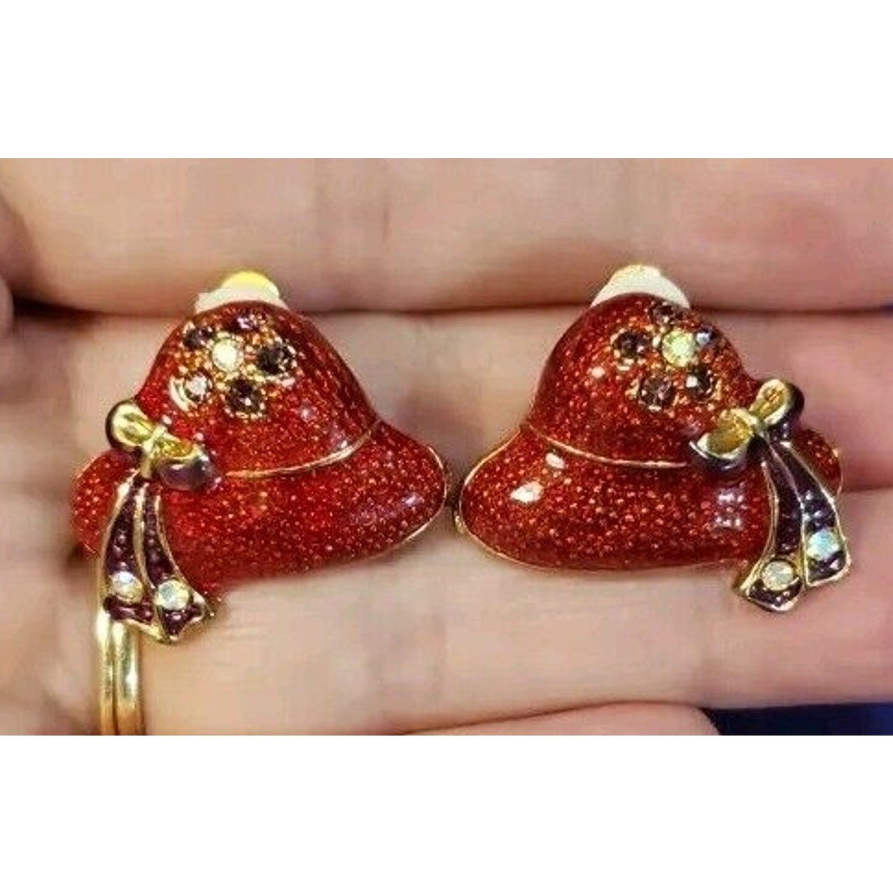 Red Hat Clip On Earrings, Red & Purple Enamel Aurora Borealis Crystals Gold Tone