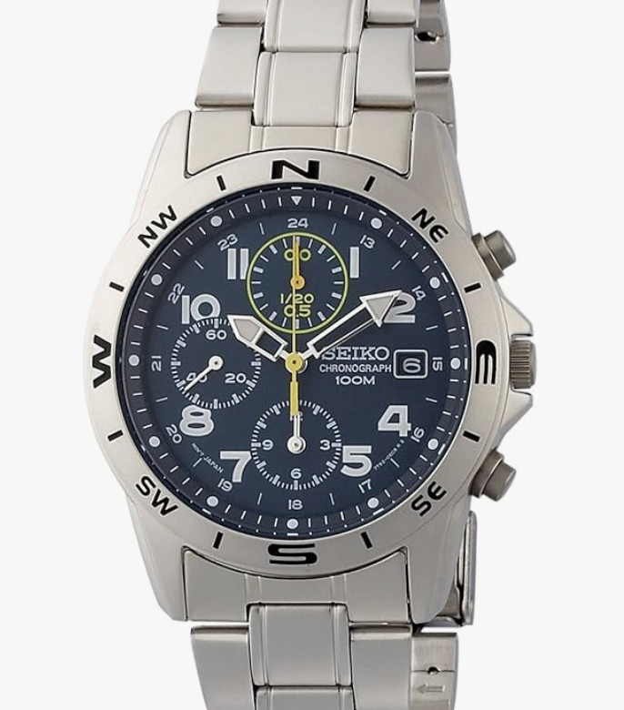 Seiko SND379P Men’s Silver Quartz Chronograph Navy Dial Reverse Import Watch 100