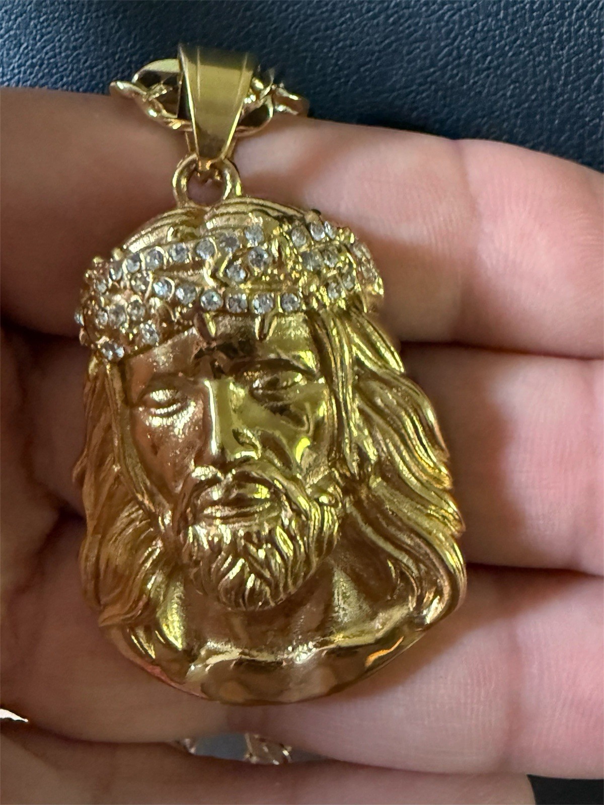 Gold Figaro Chain none tarnish Jesus Head Pendant White CZ Lobster