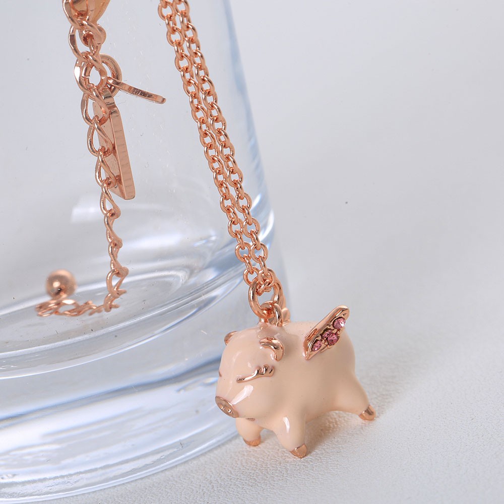 Cute Pink Enamel Flying Pig Short Necklace Crystal Wing Rose Gold Women Jewelry
