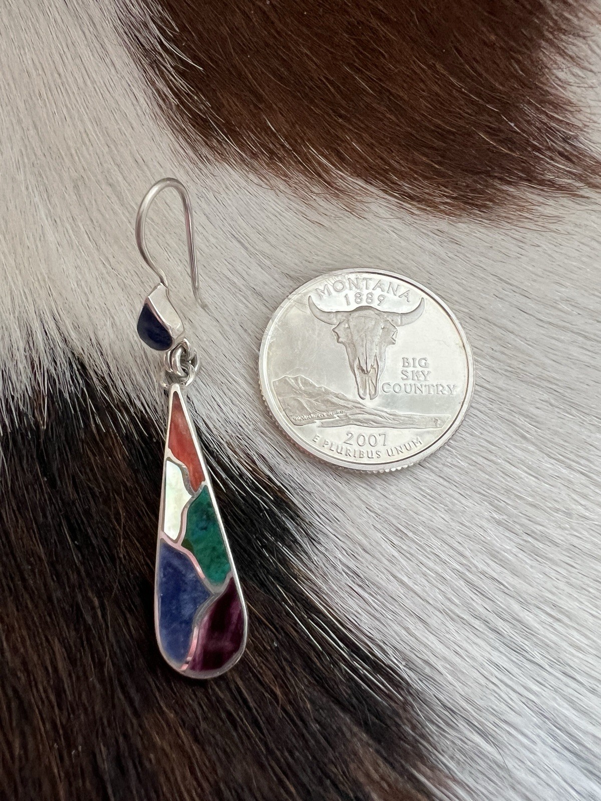 WOW Peruvian Inca Inlaid Turquoise Spiny MOP Lapis Dangle 950 Silver Earrings