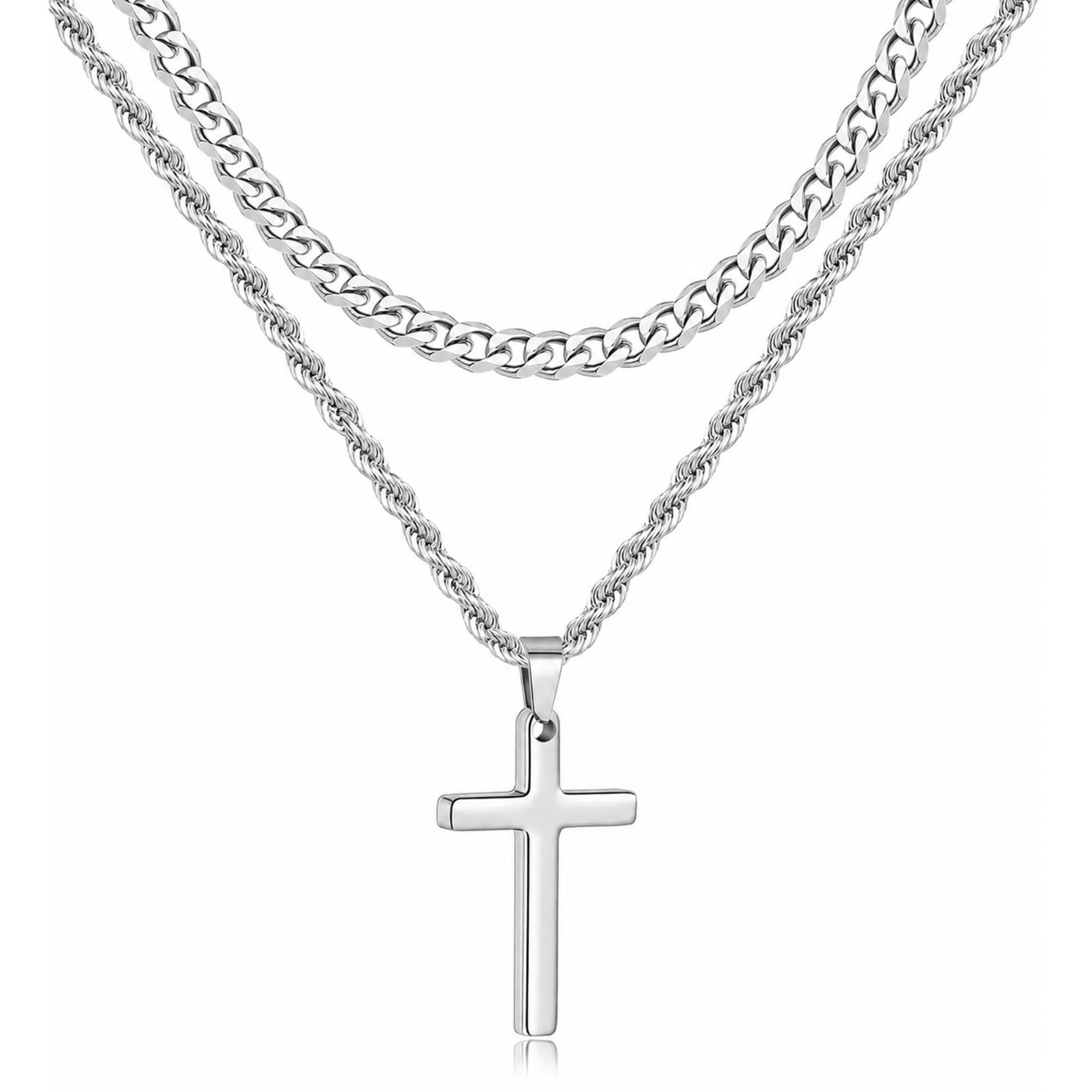 Dual Layer Cuban Link Cross Necklace for Men Women Stainless Steel Two-Tone Gold