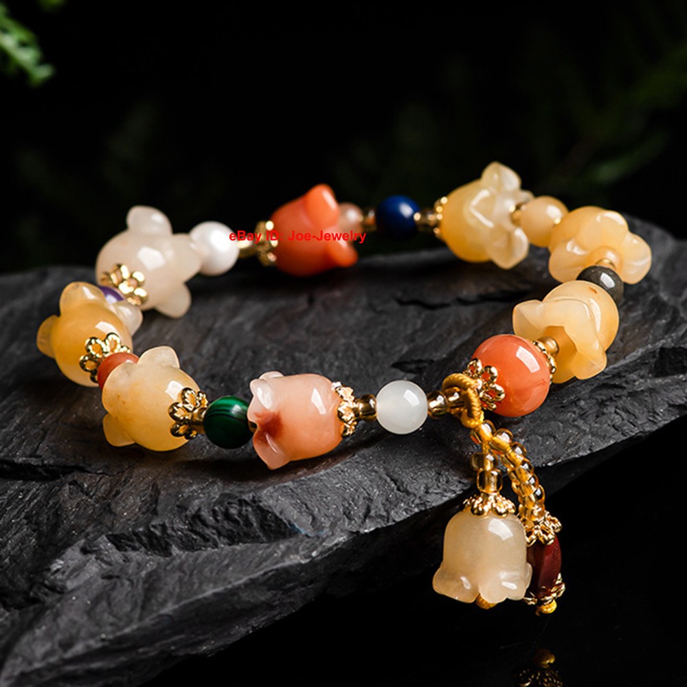 NEW Natural Chinese Jinsi Yu Jade Yellow Orchid Bead Stretch Bracelet 14-16cm