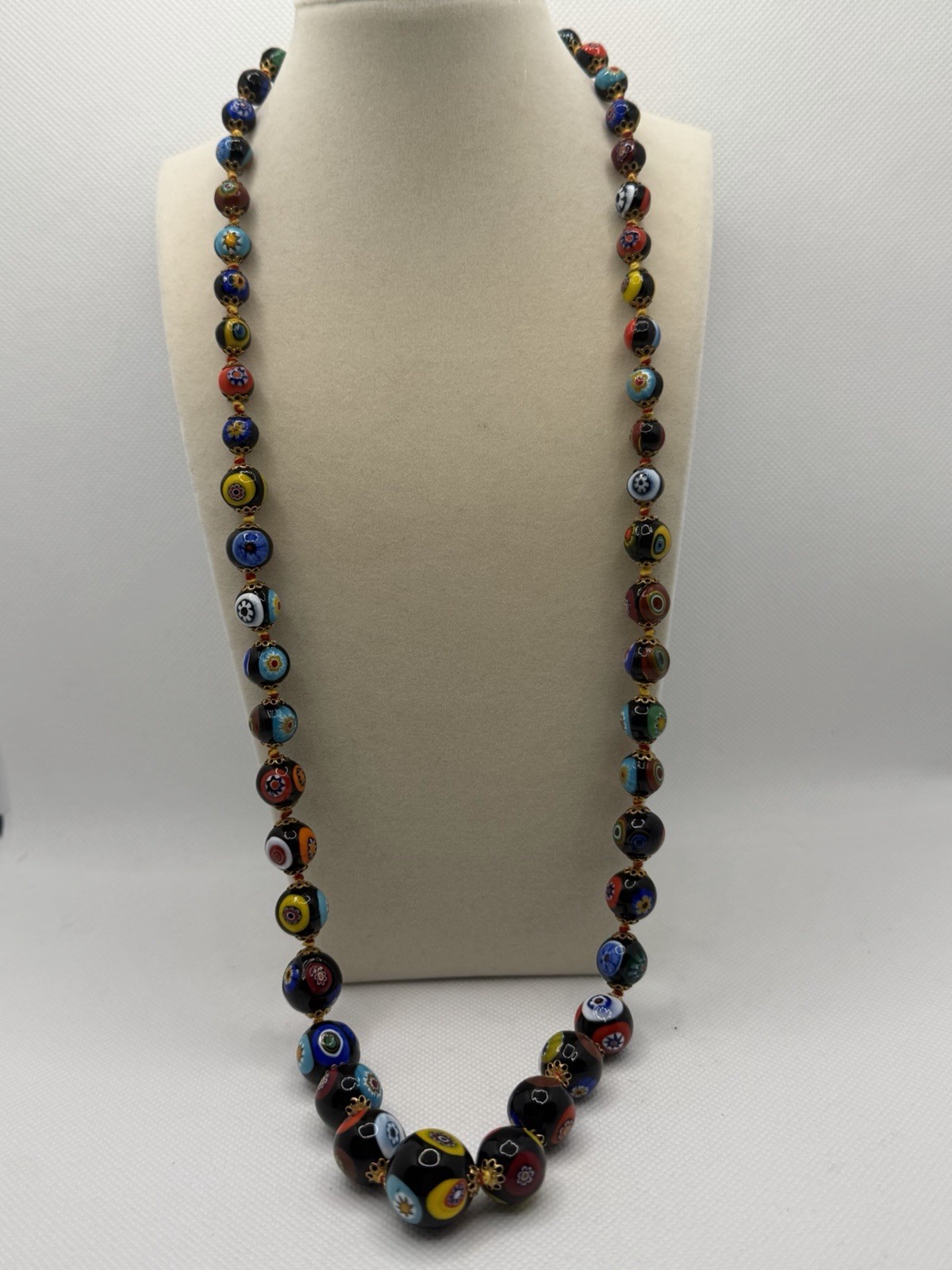 Vintage Venetian Murano Millefiori Bead Necklace Filigree Caps 26”Bright Colors