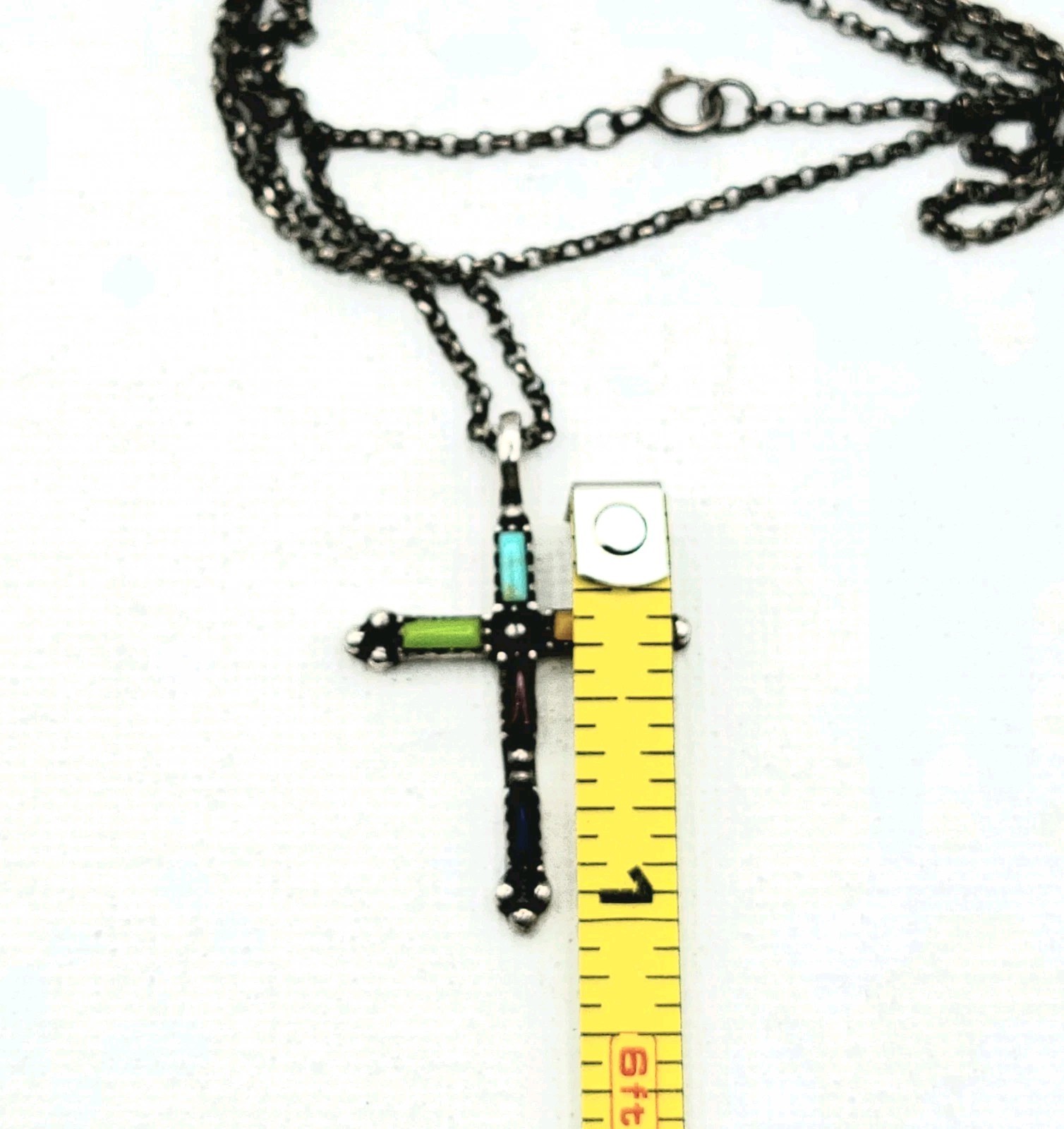 Sterling Silver Cross Pendant Multi-colored Stone Inlays On 20″ Long Chain