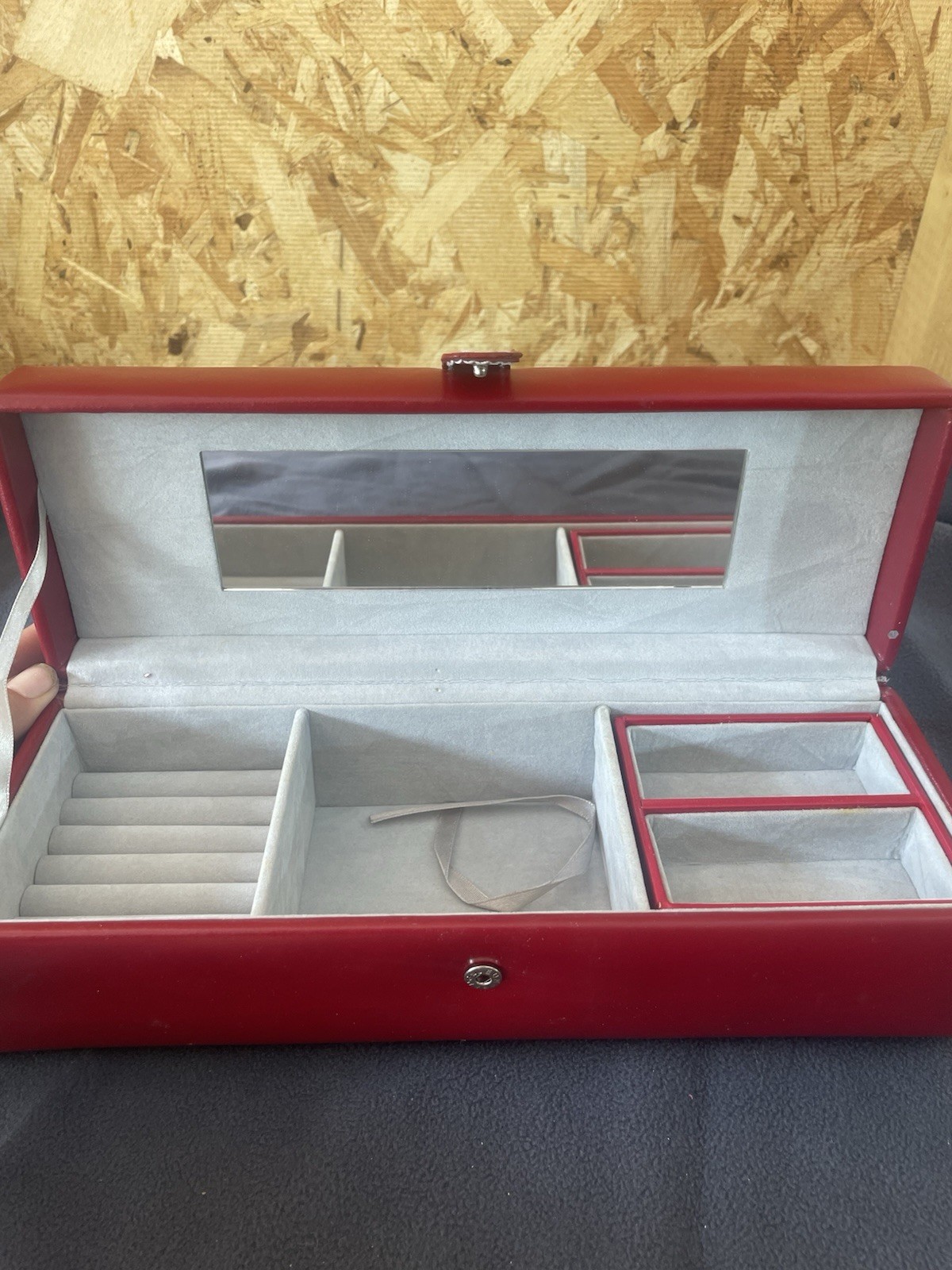 Red Faux Leather Jewelry Box 11″ 3 Piece Fabric Lined Travel Multi Compartment