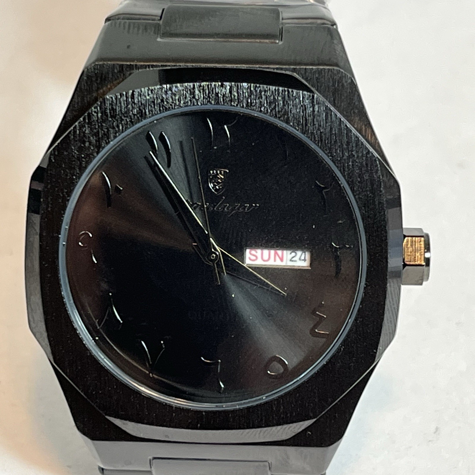 POEDAGAR 853 Mens Black Day Date Quartz Watch Stainless Steel Bracelet New