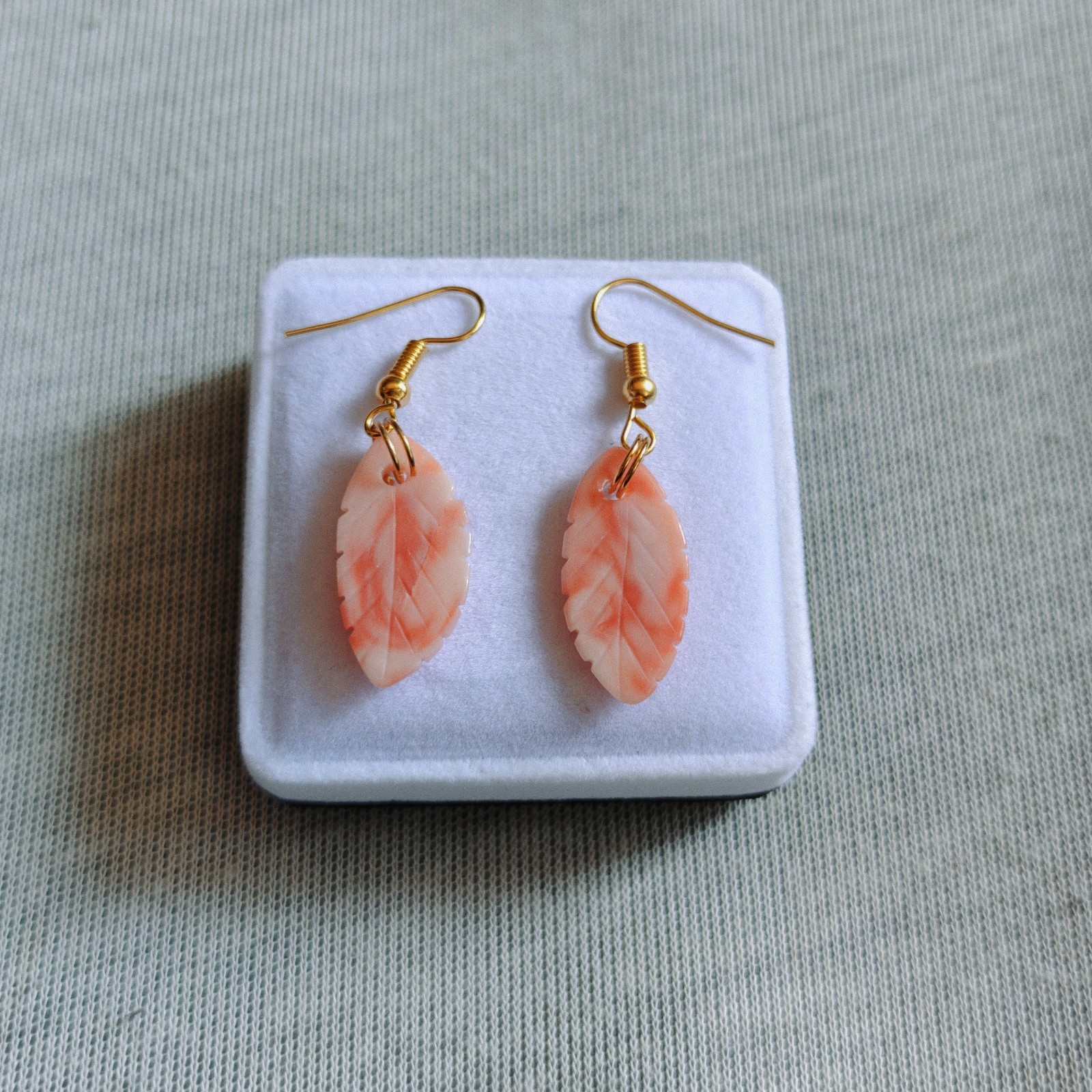 Natural Japanese Pink Coral Leaf Carving Brass Earrings Handmade Jewelry