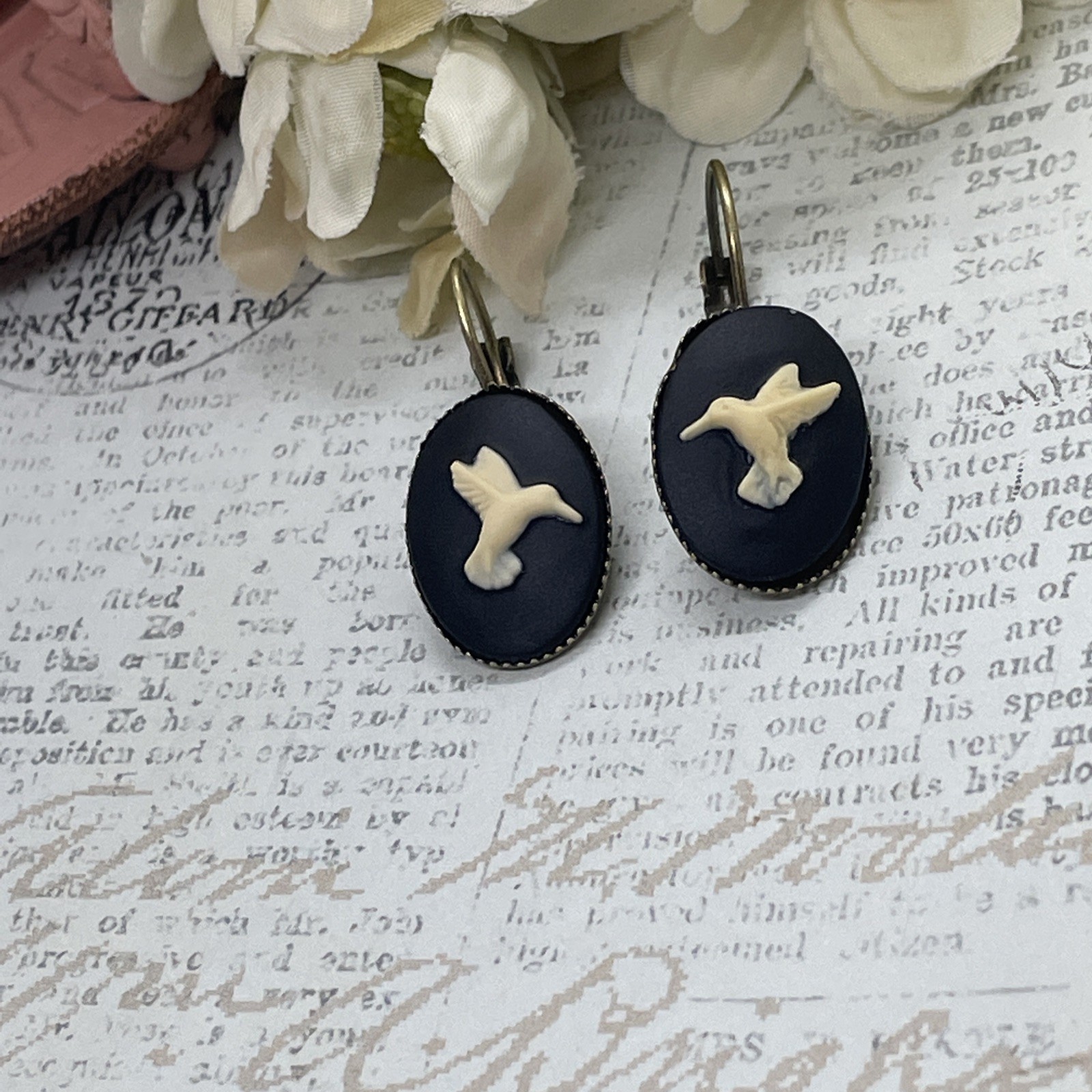 Black White Hummingbird Bird Bronze Boutique French Wire Cameo Earrings Wedding