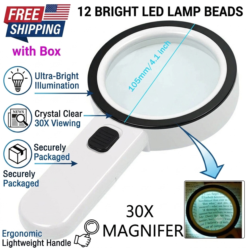 30x Jumbo Handheld Magnifying Glass w/ 12 Bright LED Light Illuminated Magnifier