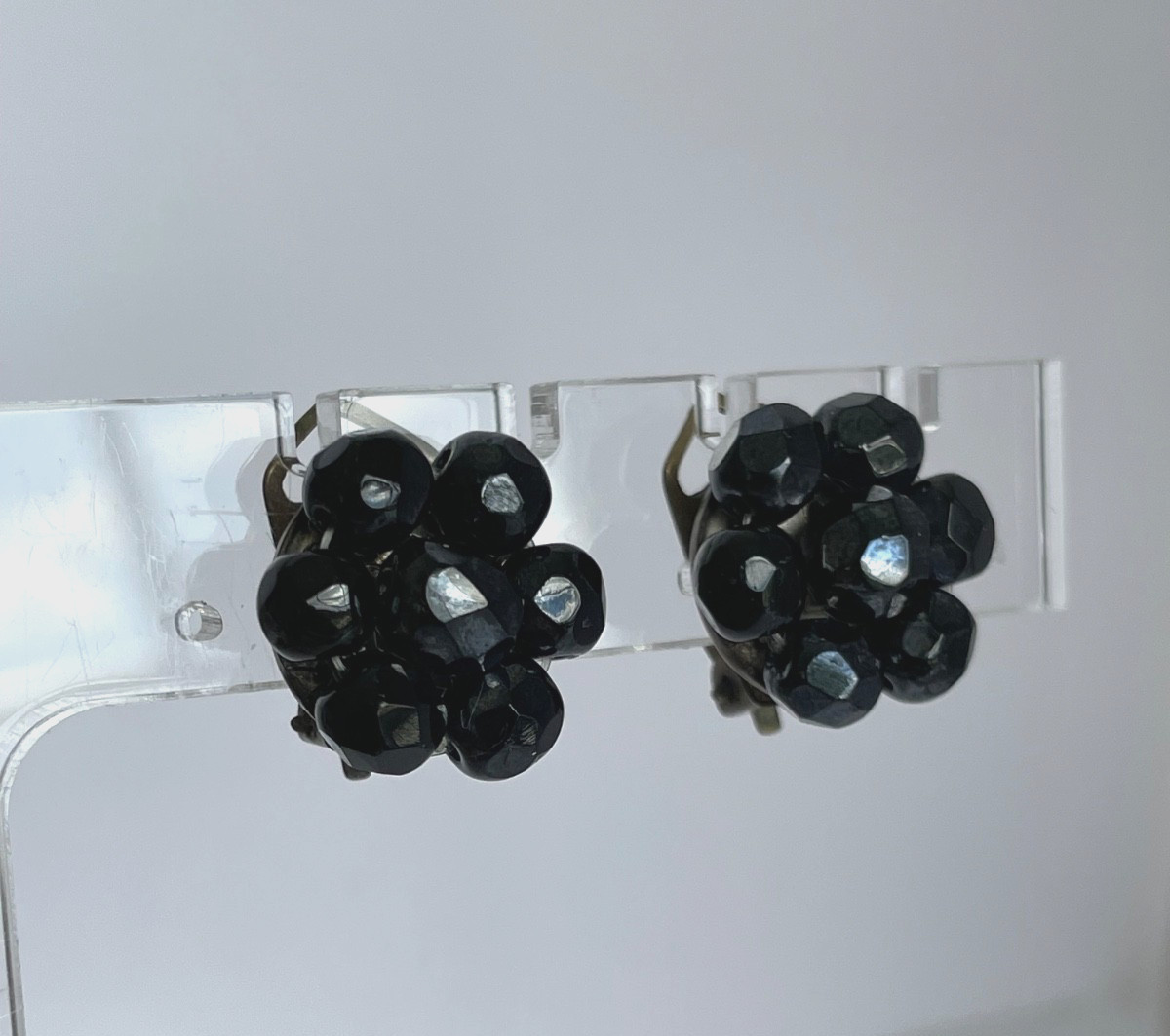 Vintage Jet Black Faceted Cluster Bead Clip Earrings Made in Italy