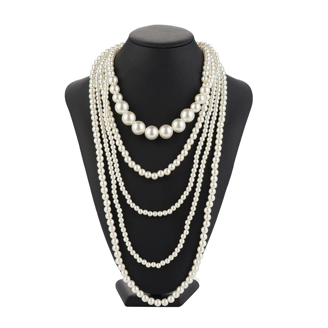 Multi Layer White Faux Pearl Statement Necklace Long Beaded Strand Wedding