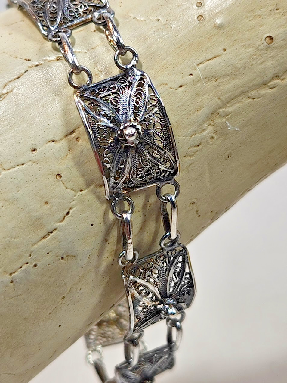 Topazio Portugal Link Articulated Filigree 925 Sterling Silver Bracelet 7.25in