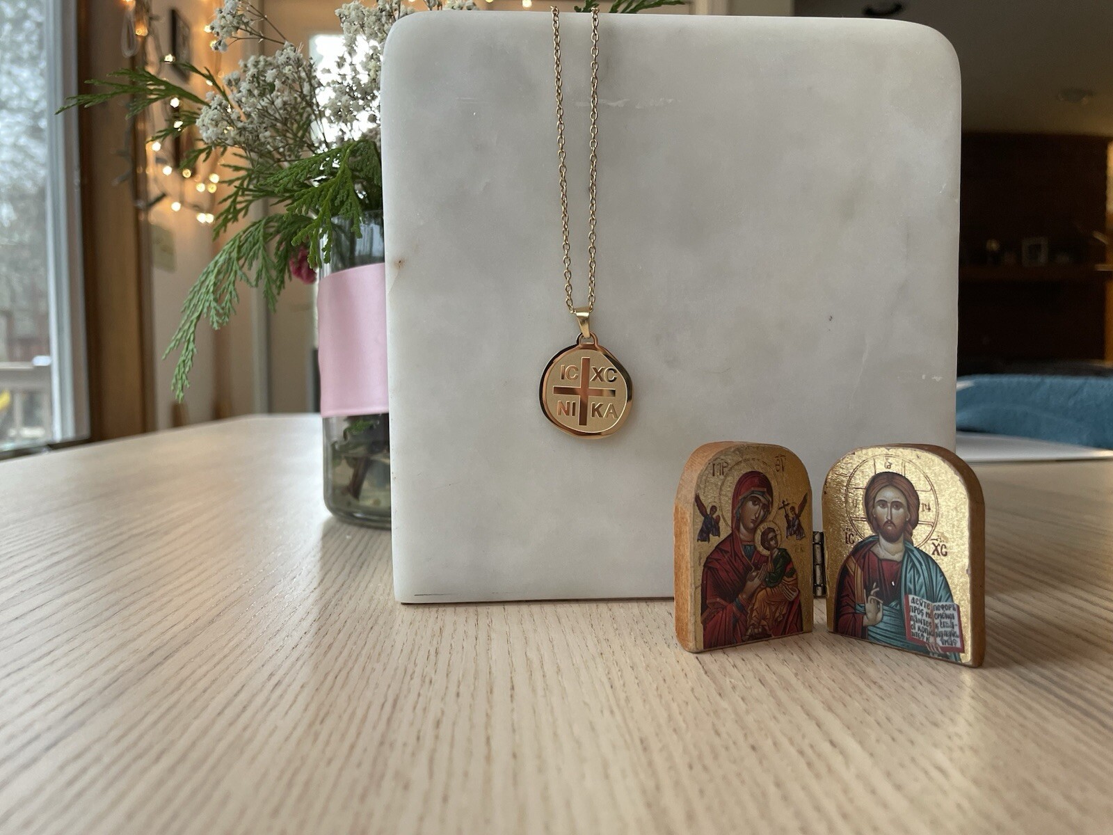 18K Gold Plated SS 1” IC XC NI KA Orthodox Greek Cross Coin Men’s Necklace