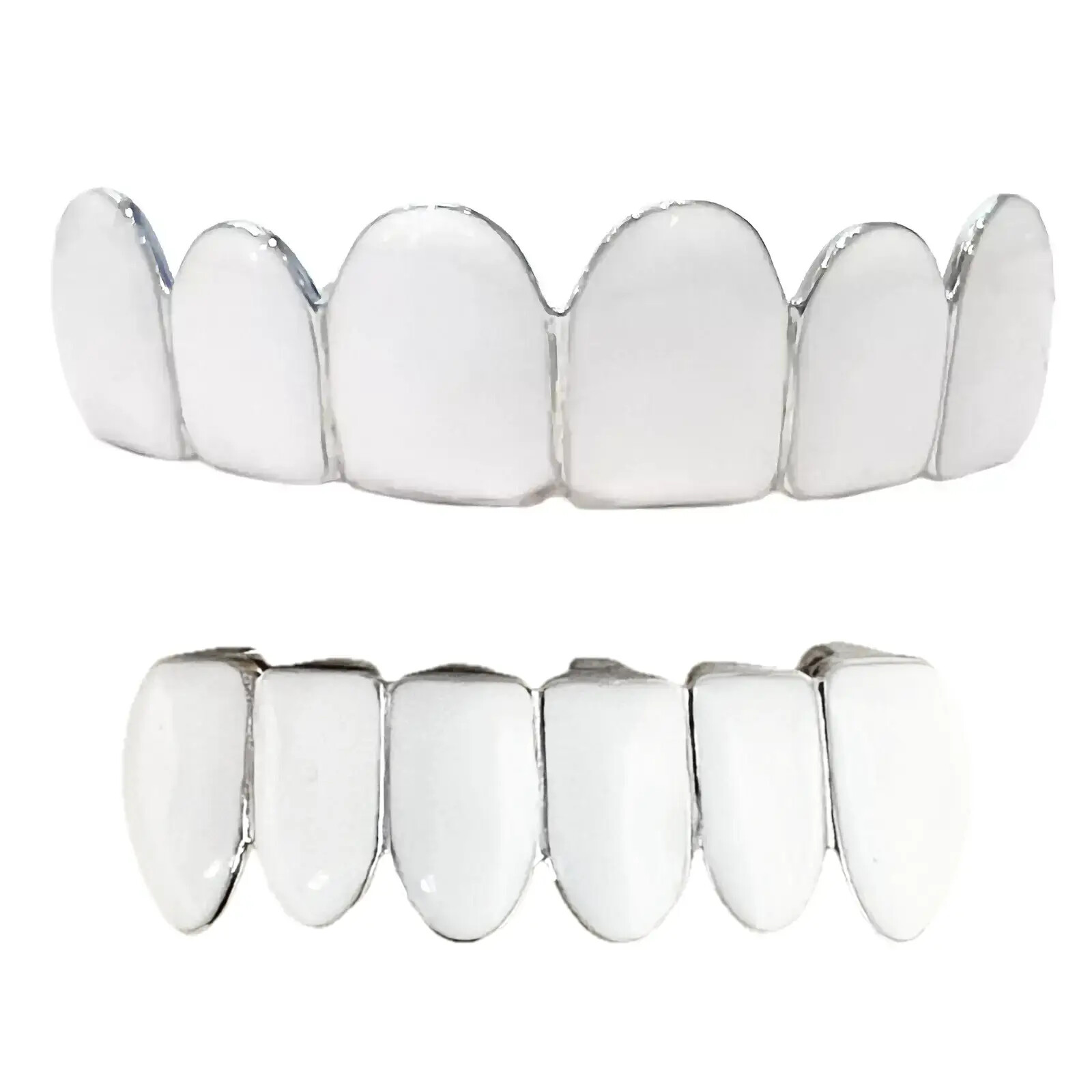 Real Solid 925 Sterling Silver White Enamel Grillz Top & Bottom Teeth Grills Set