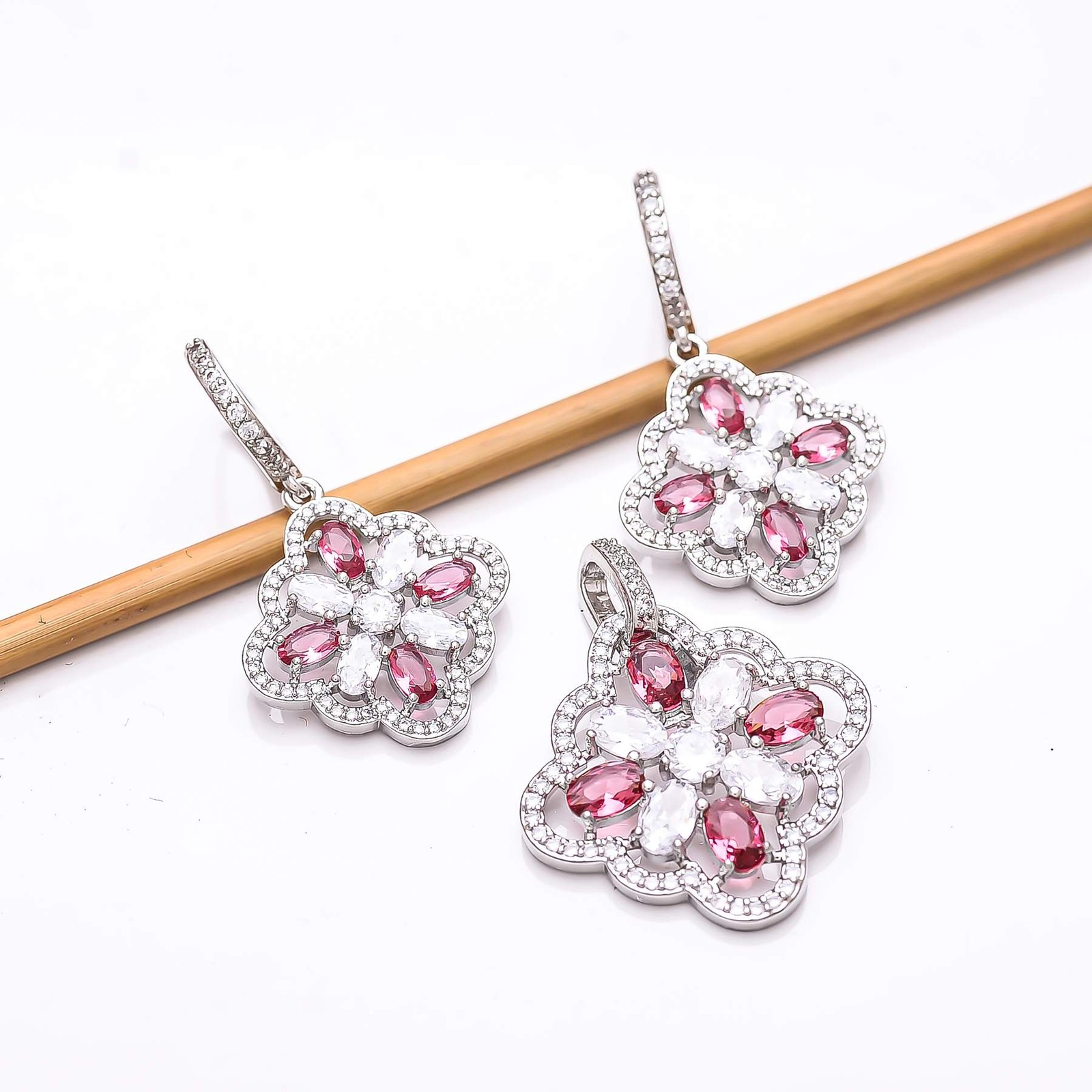 Pink Rubellite Tourmaline & CZ 925 Silver Handmade Pendant Earring Set P27