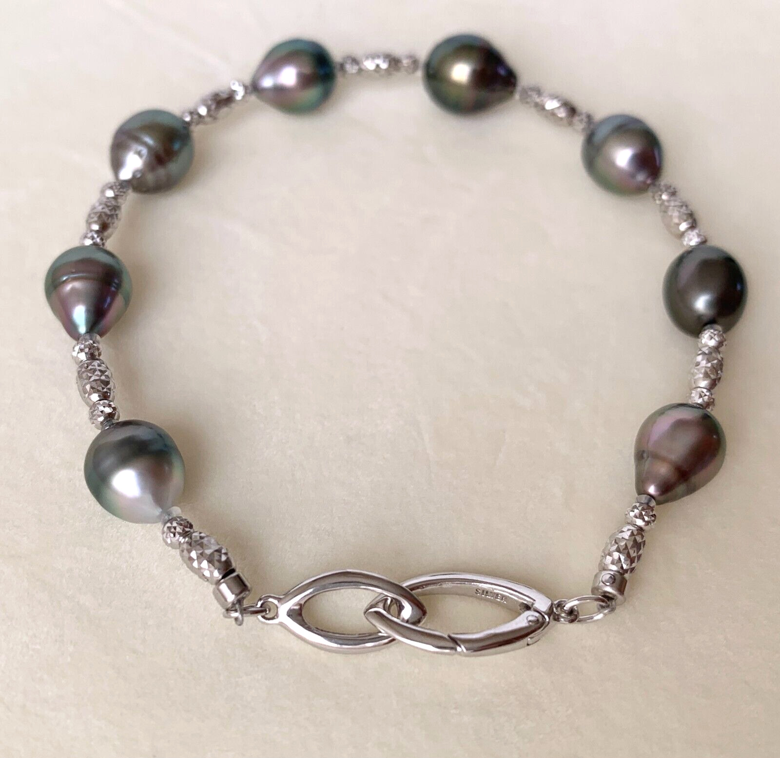 7-9mm Black Green Baroque Tahitian cultured pearl Bracelet sterling sliver,7.6″