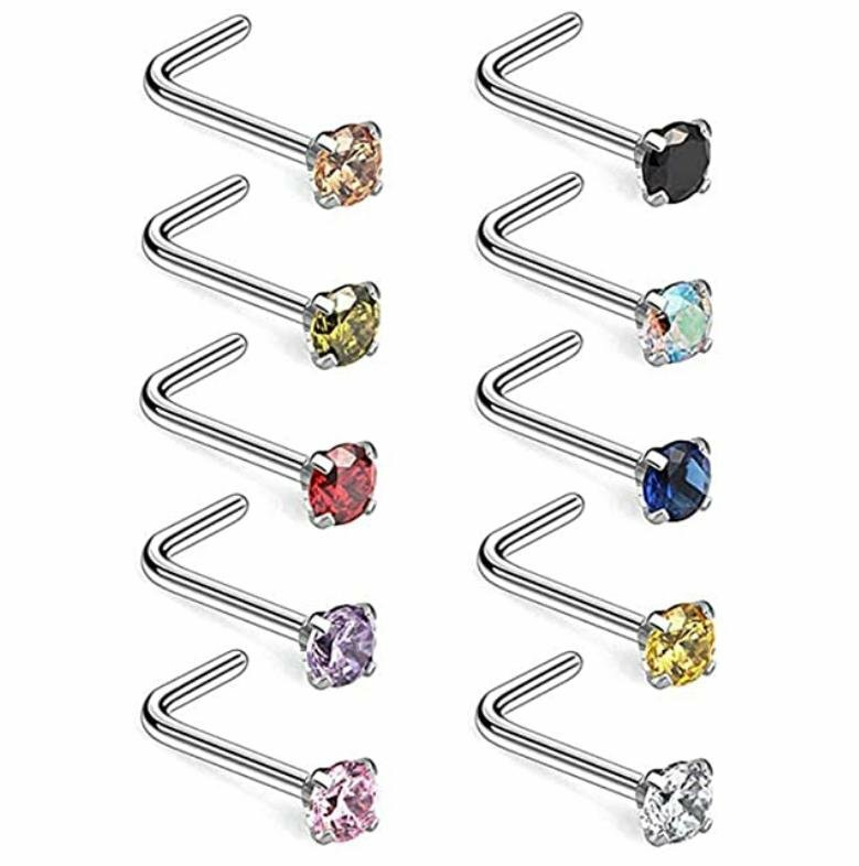 18G Surgical Steel Mix Color CZ L Shaped Nose Stud Rings Piercing Jewelry 10PCS