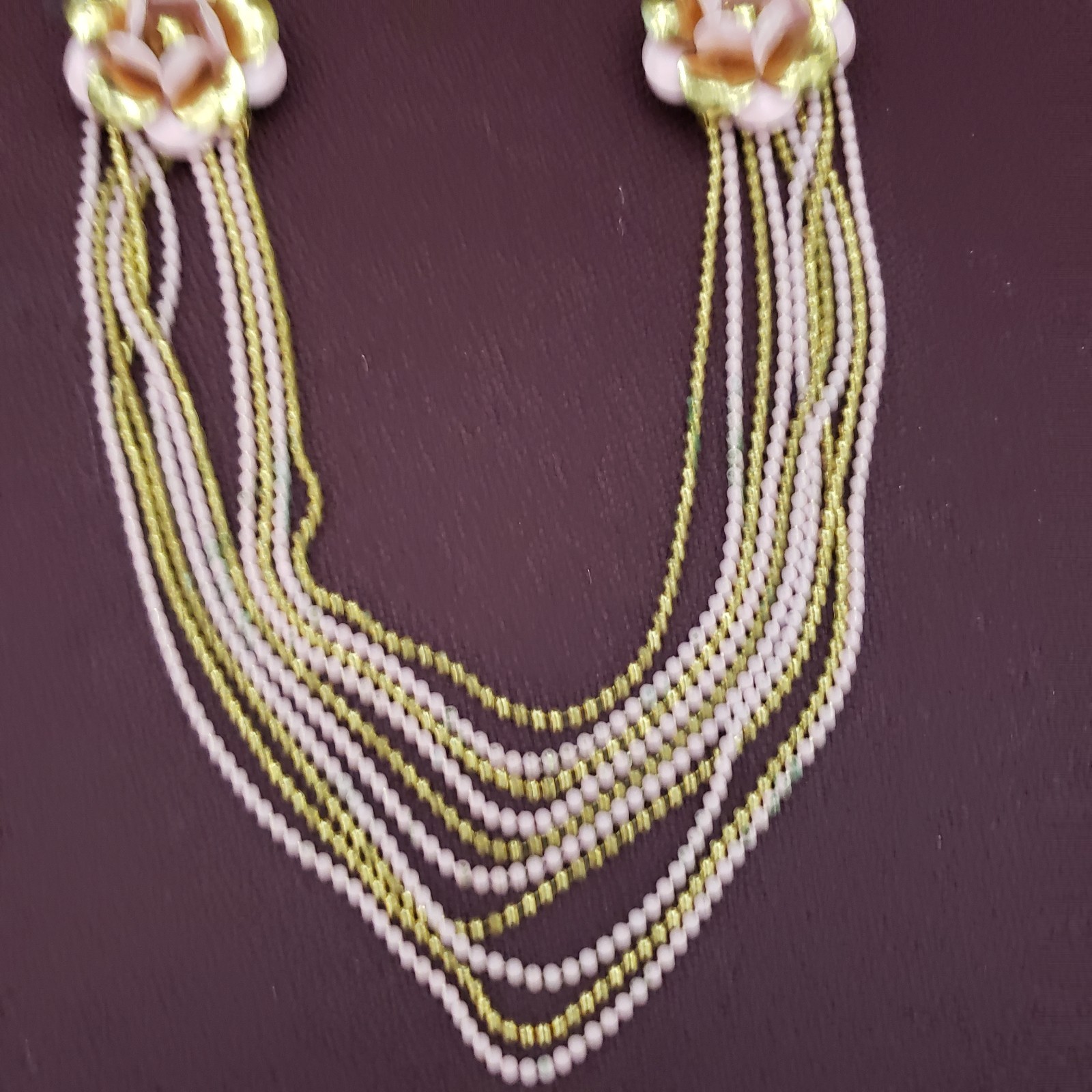 Art Deco Brass Ball Chain Pink Flower Multi Strand Draped Necklace 1930’s 1940s