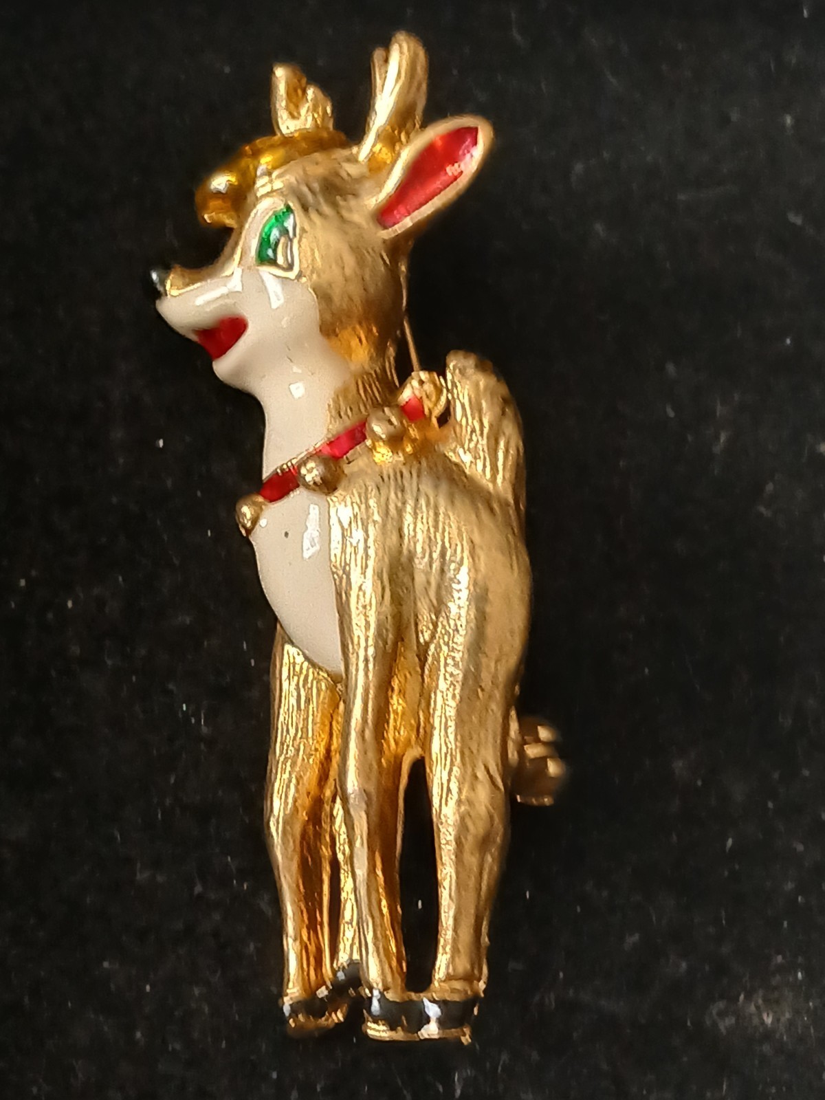 Gold Tone White Enamel Reindeer Brooch Pin, Red Green Accents, Pinback
