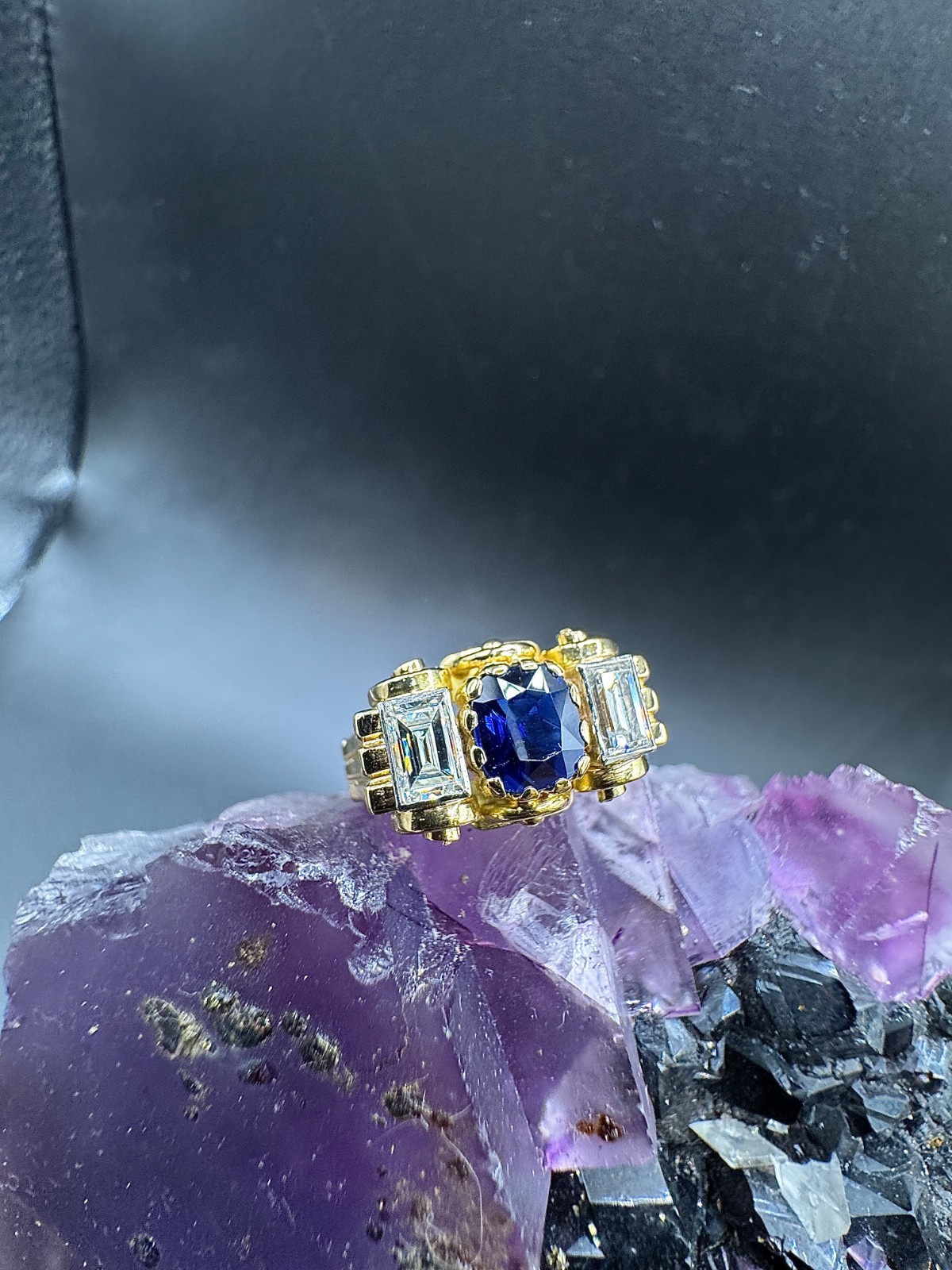 Handmade 18ct Yellow Gold Ring with Blue Sapphire & Diamond Baguettes