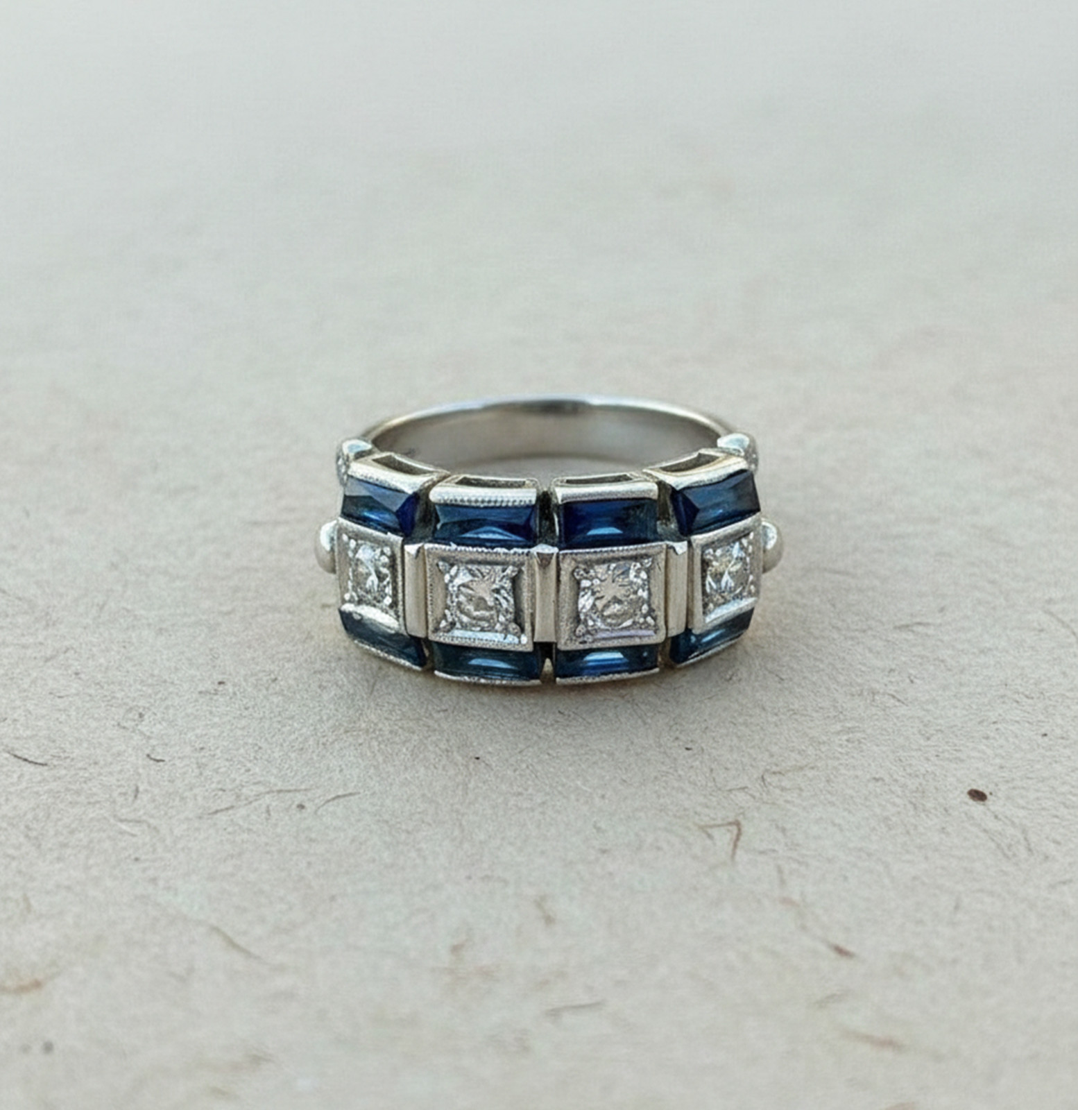 Art Deco Style Sapphire Wedding Ring Round Cut Simulated Diamond 14K White Gold