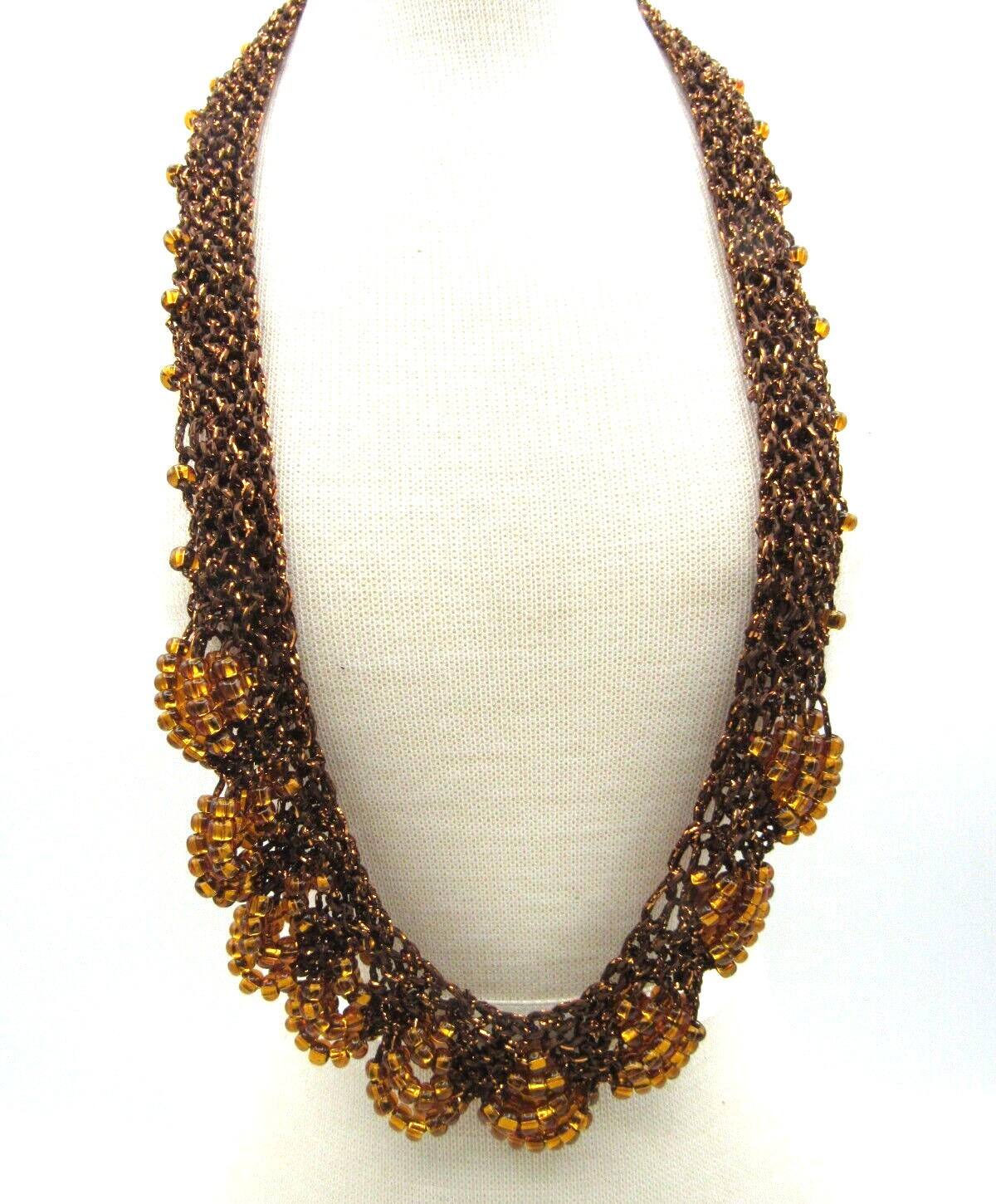 Handmade Beaded Collar Bib Necklace Metallic Gold Brown Crochet 20″