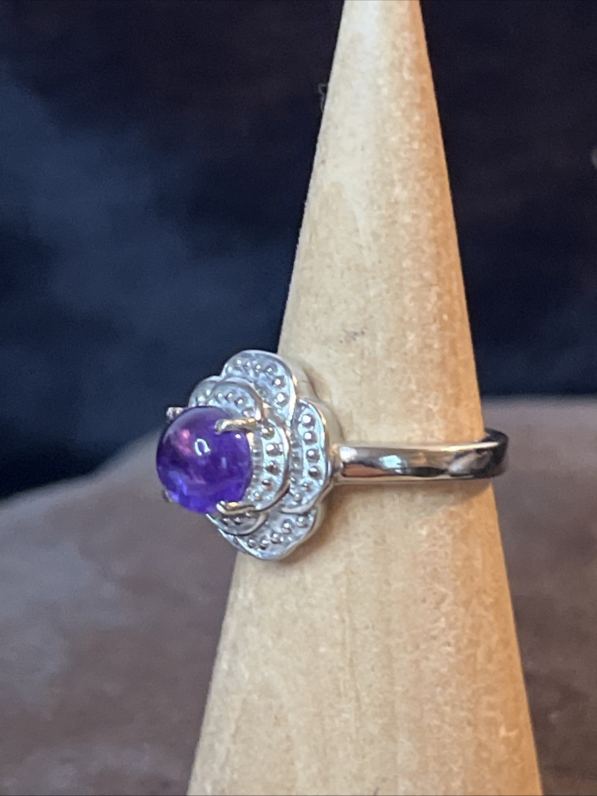 African Amethyst Floral Pure Stainless Steel Ring Size 6
