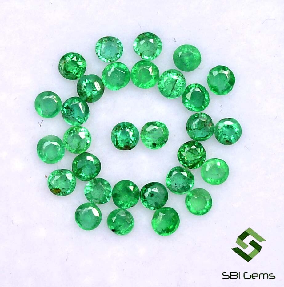 Natural Emerald Round Cut 2 mm Lot 30 Pcs 0.98 Cts Lustrous Zambian Loose Gems