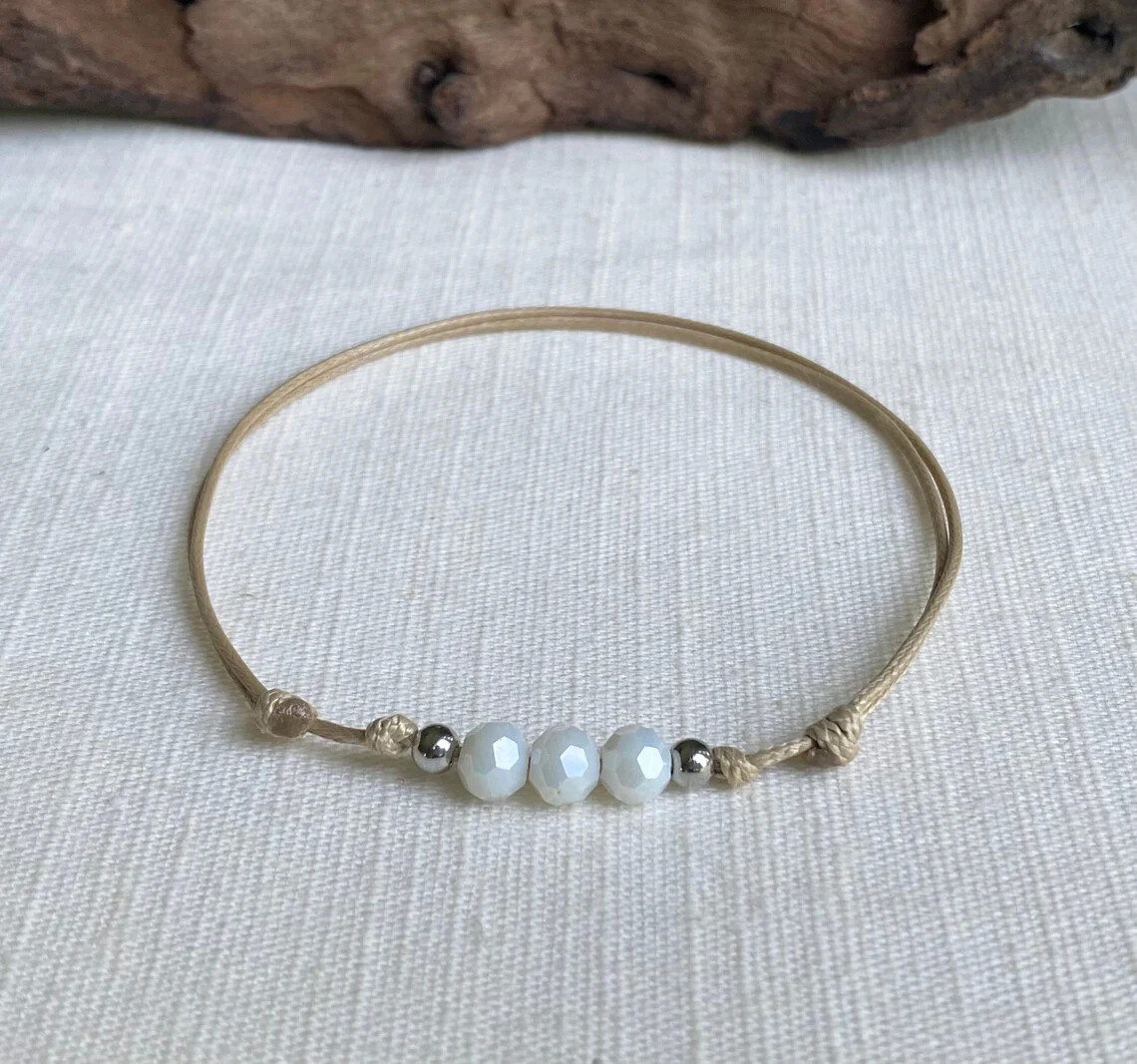 White Faceted Glass Bead Tan Durable Cord Women’s Anklet or Bracelet Adjustab