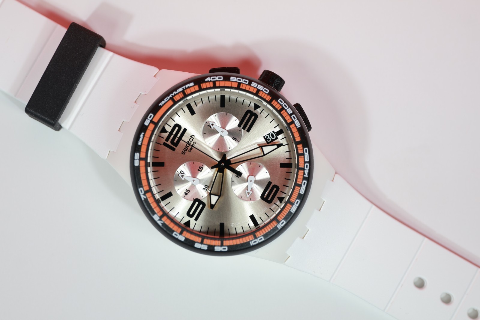 New Swiss Limited Swatch White Blades Chrono Silicone Date Watch 42mm SUSW405