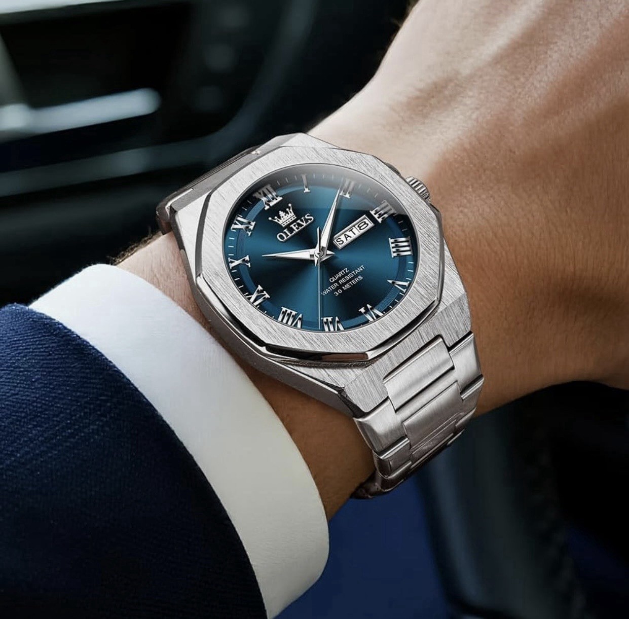 OLEVS Men’s Quartz Dress Watch 43mm Octagon Blue Dial Roman Day/Date 30m